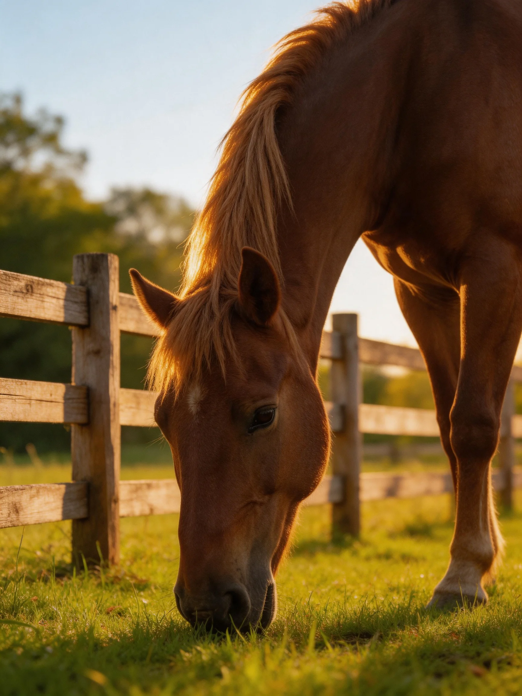 A chestnut horse grazes near a wooden fence on a sunny day.