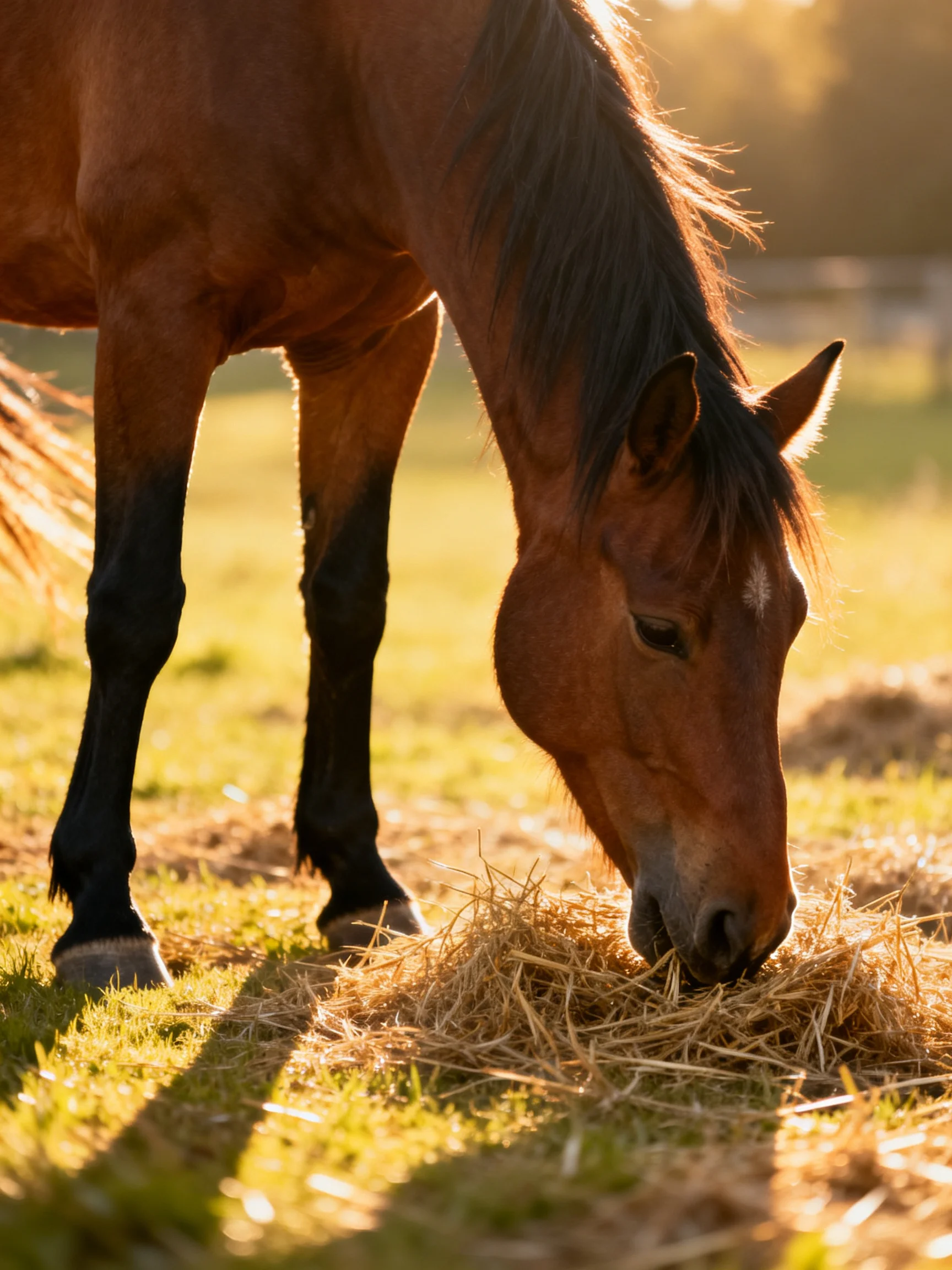 A brown horse feeds on hay in a sunlit field