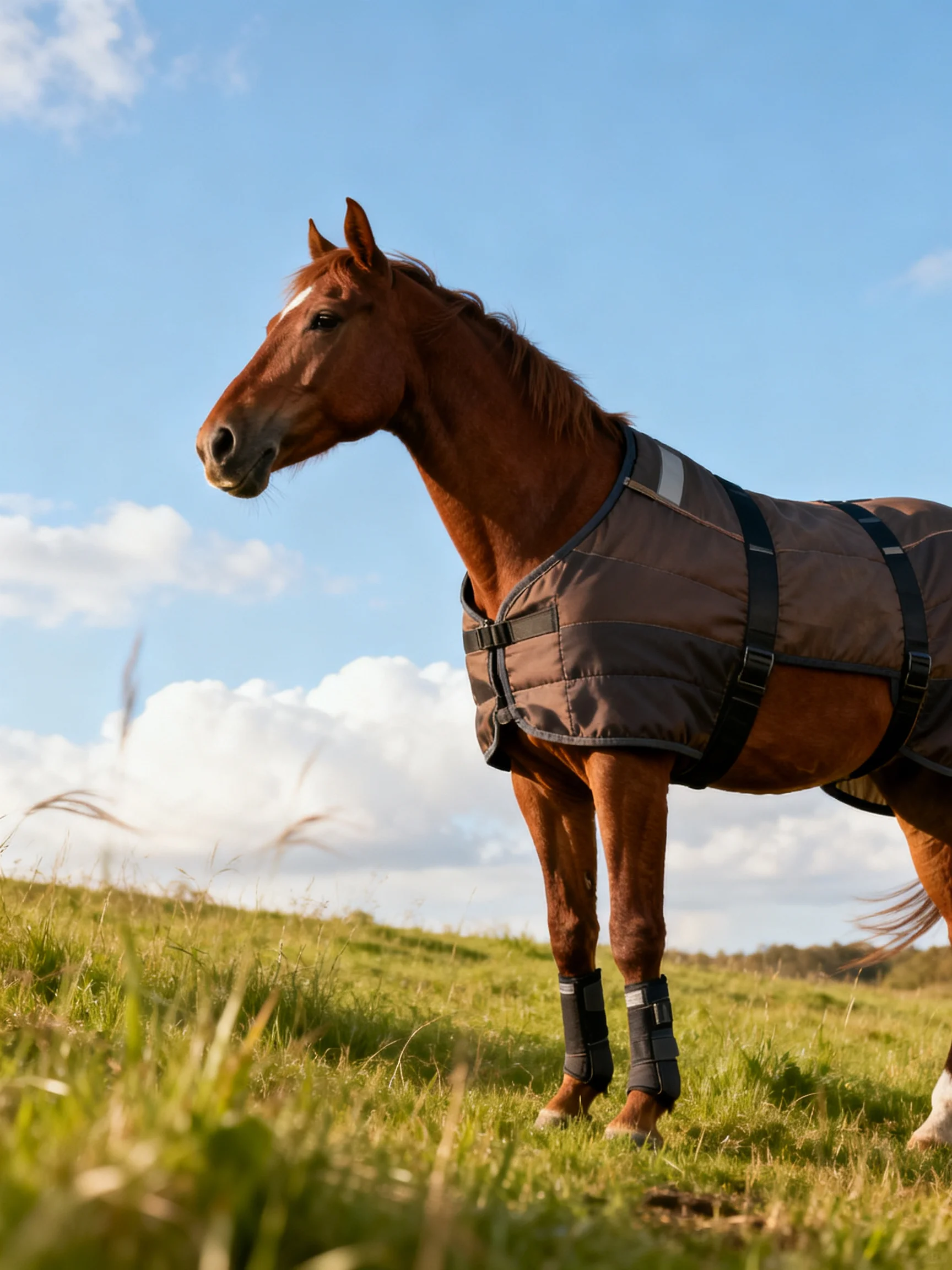 A chestnut horse in a brown blanket stands on a green field