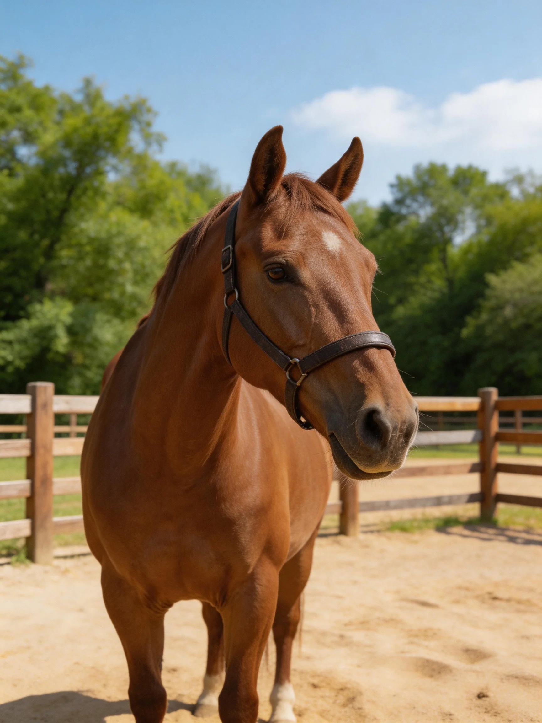 A chestnut horse in a fenced sandy enclosure with green trees