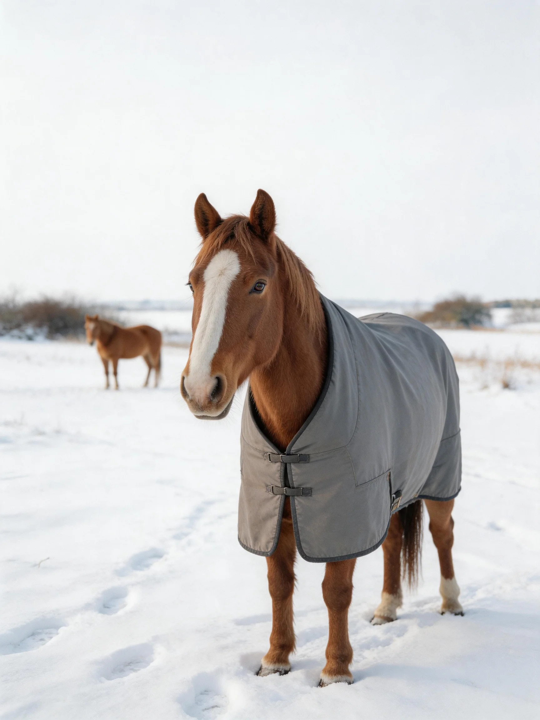 A chestnut horse in a gray blanket stands in a snowy field with another horse