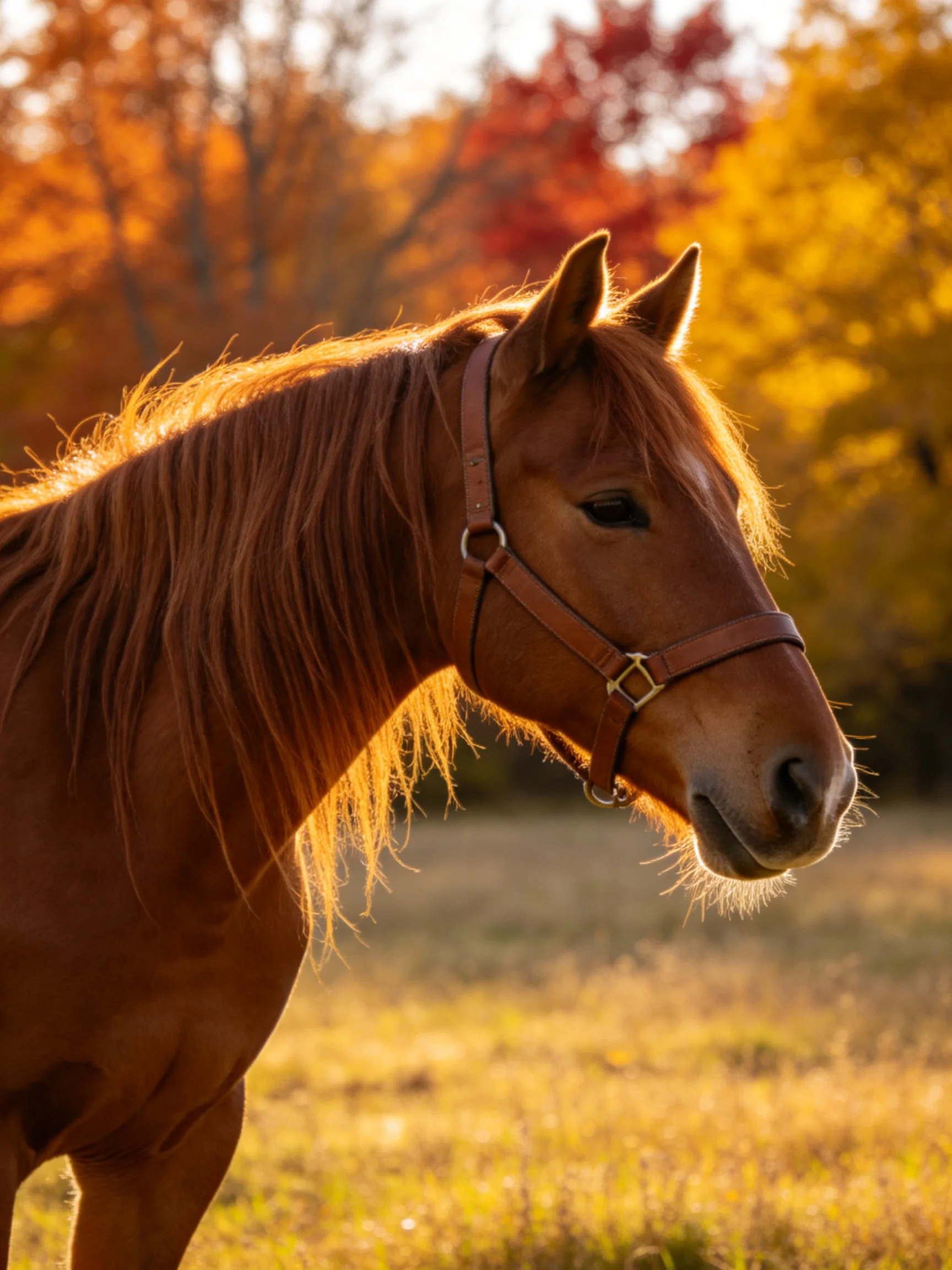 A chestnut horse stands in a sunlit autumn field near colorful fall trees.