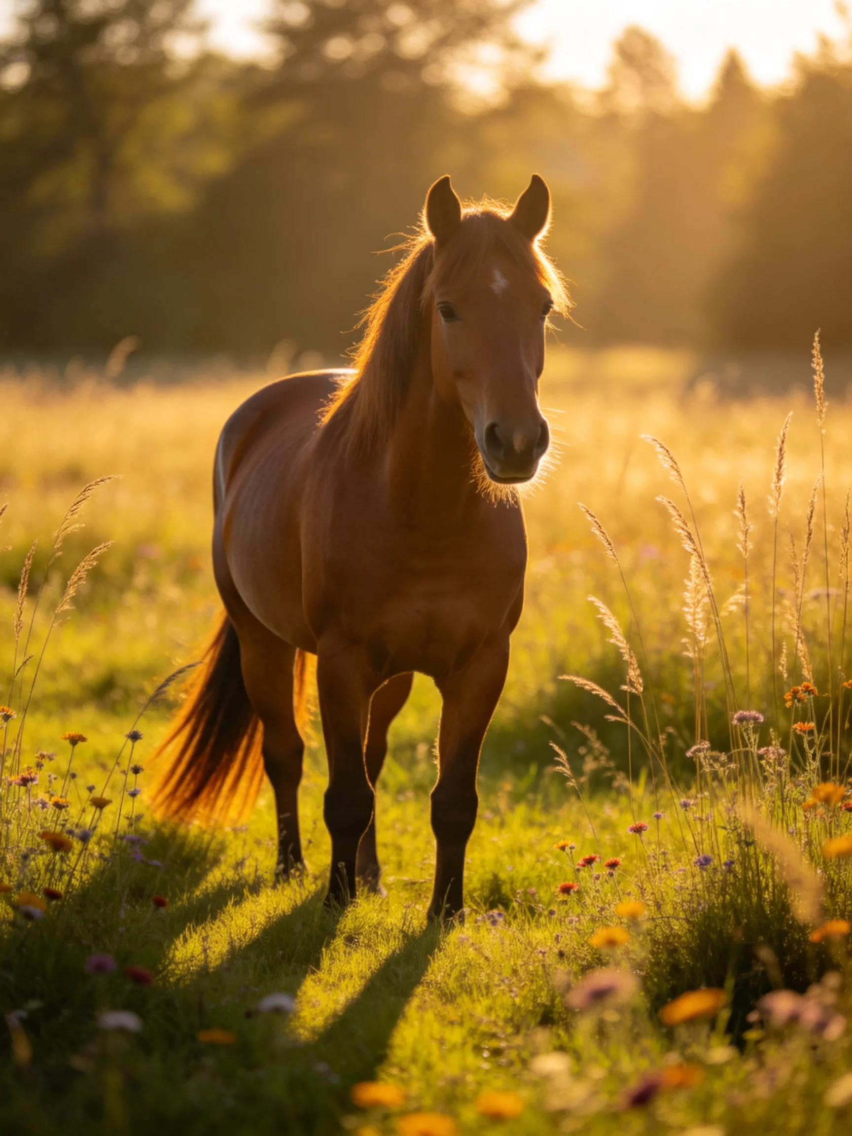 A chestnut horse in a sun-drenched wildflower meadow at golden hour