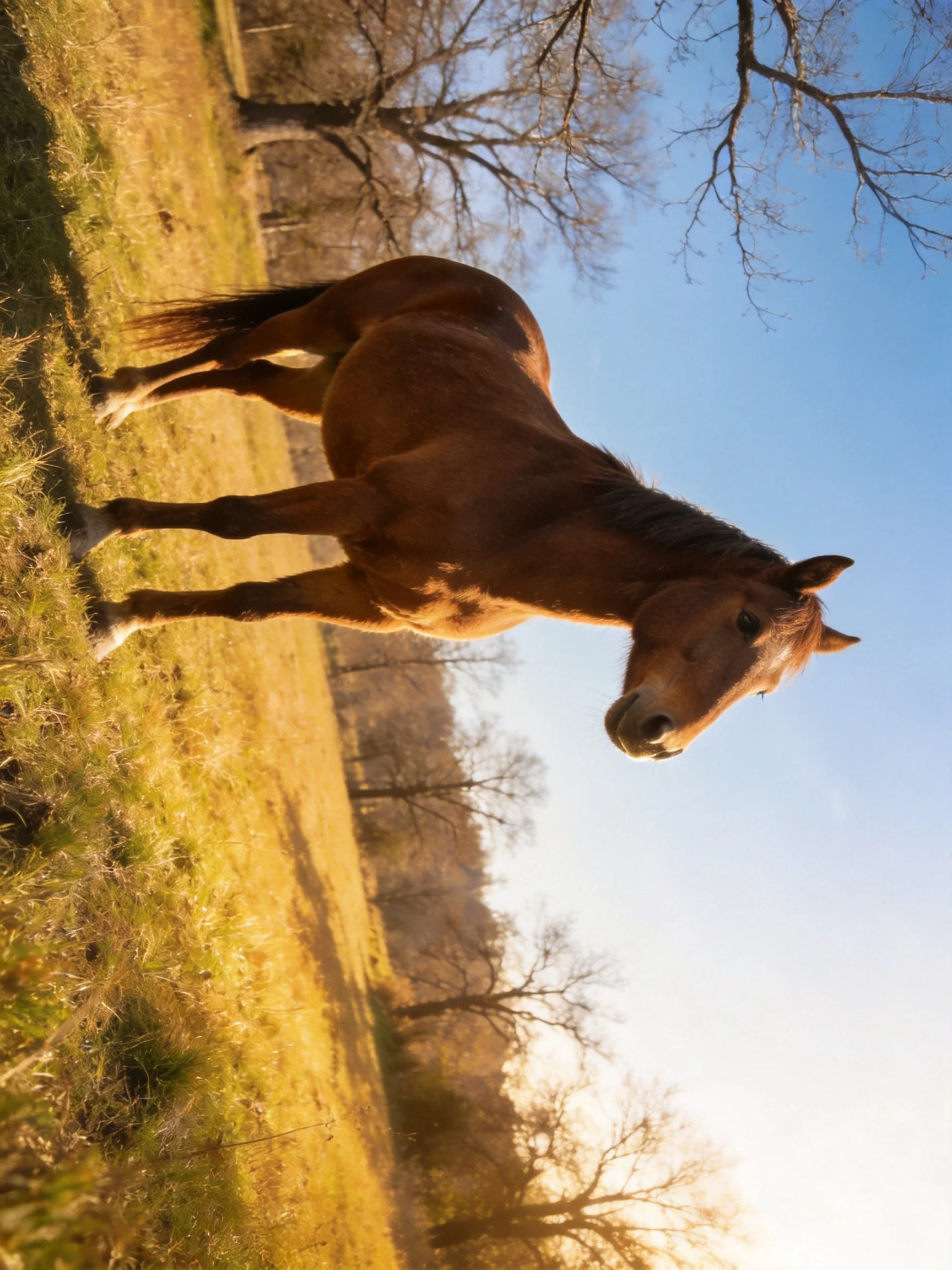 A chestnut horse in a sunlit field with bare trees