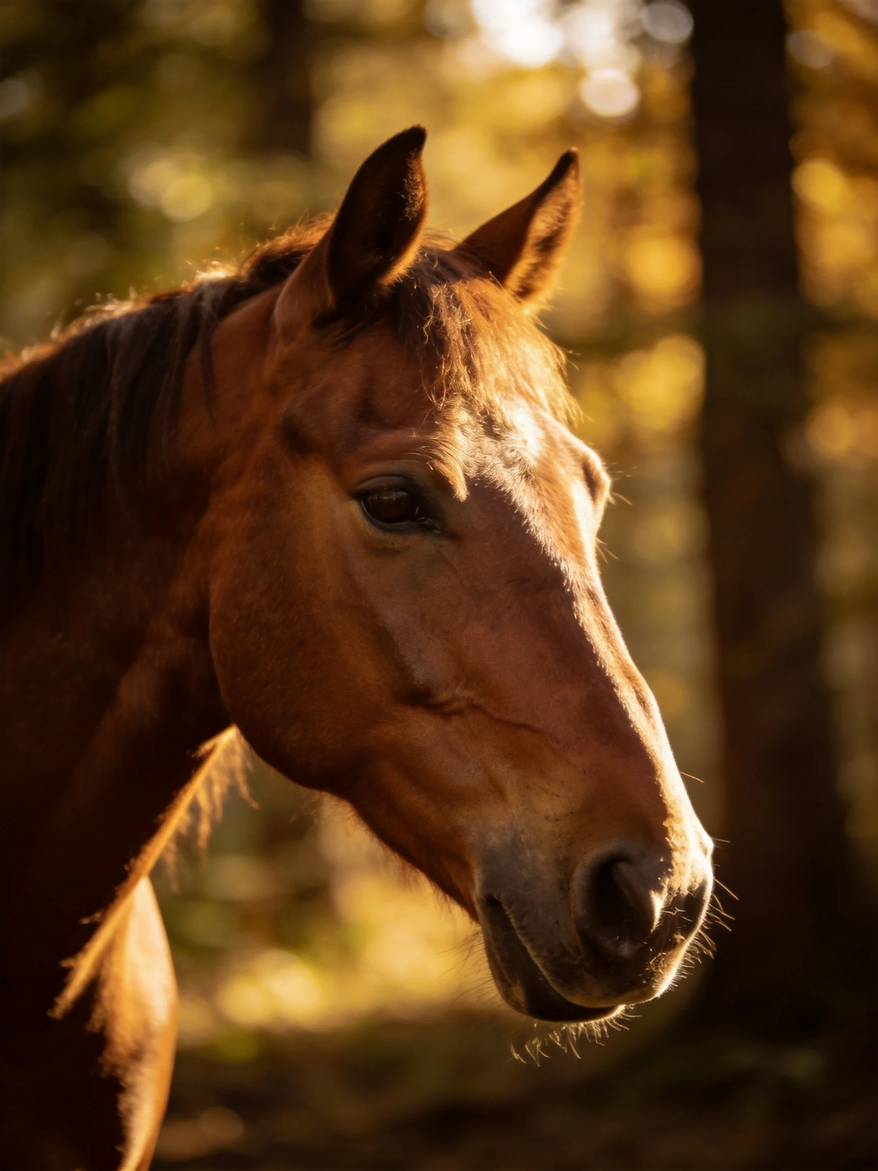 A chestnut horse is shown in profile within a sunlit forest.