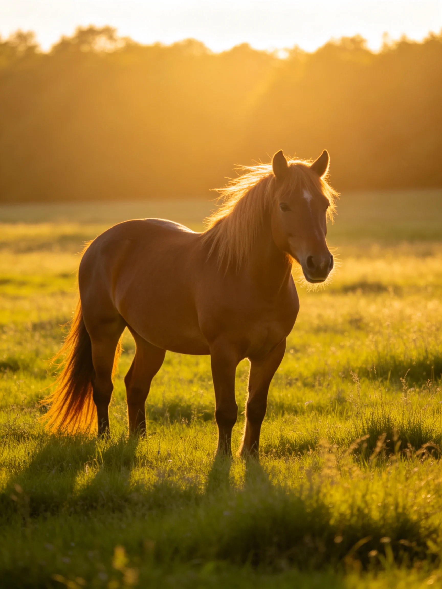 A chestnut horse stands in a sunlit meadow during golden hour.