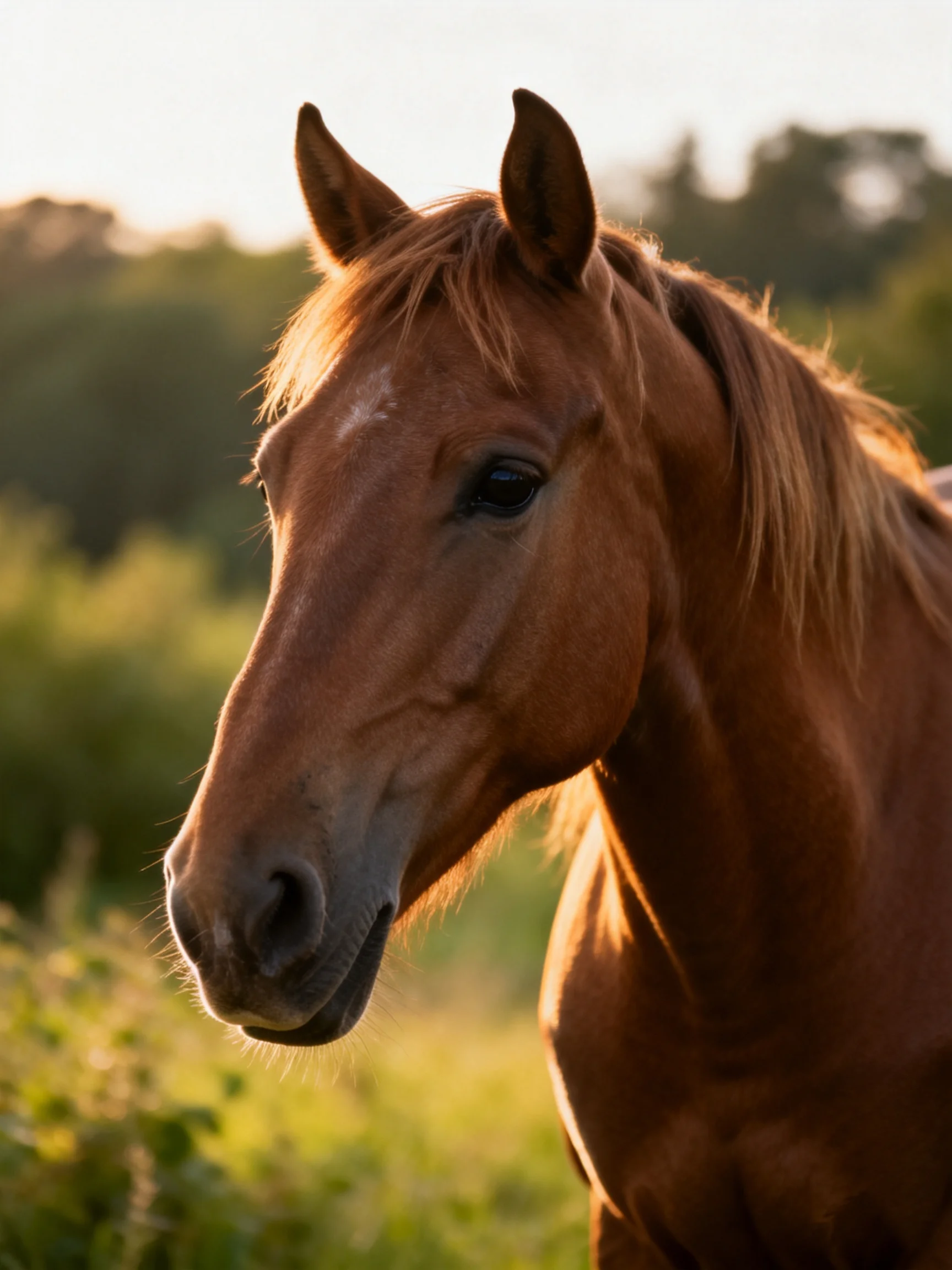A chestnut horse is portrayed in profile within a sunlit natural setting.