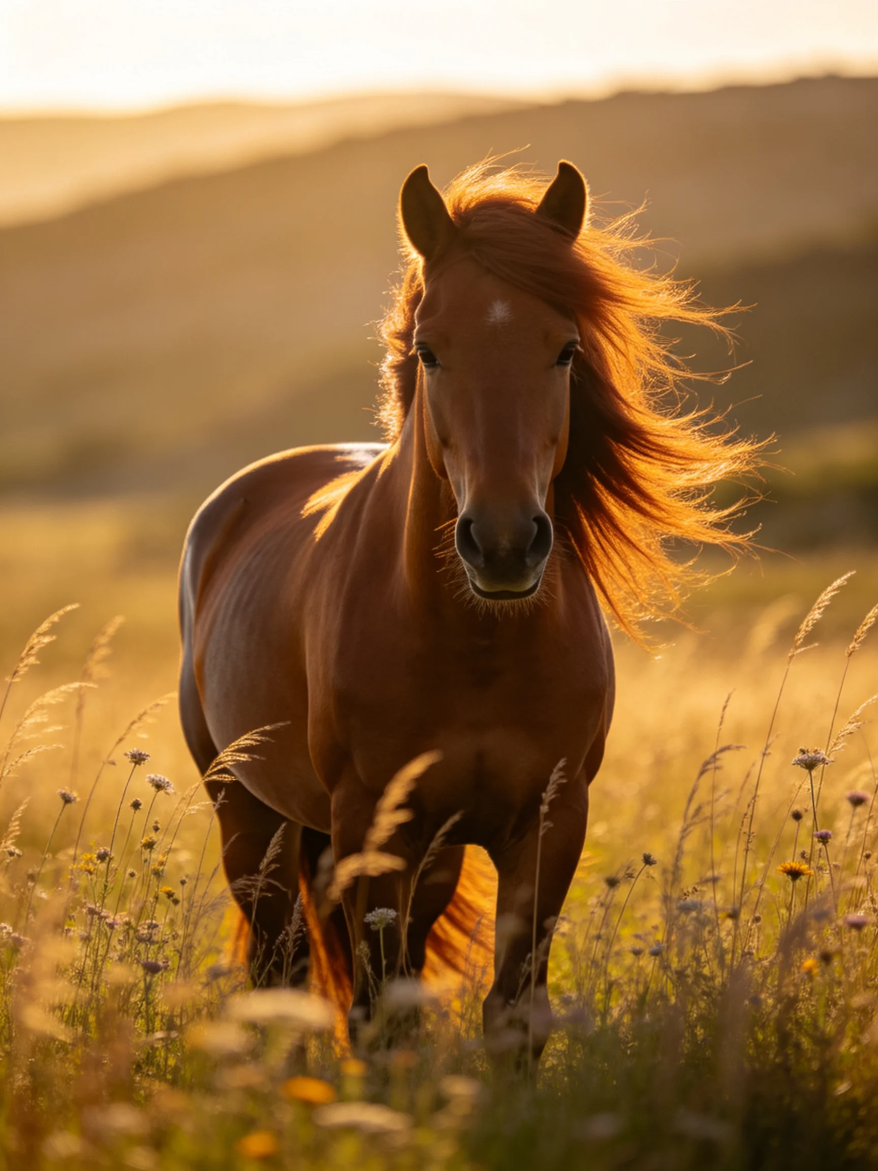 A chestnut horse in a sunlit wildflower meadow