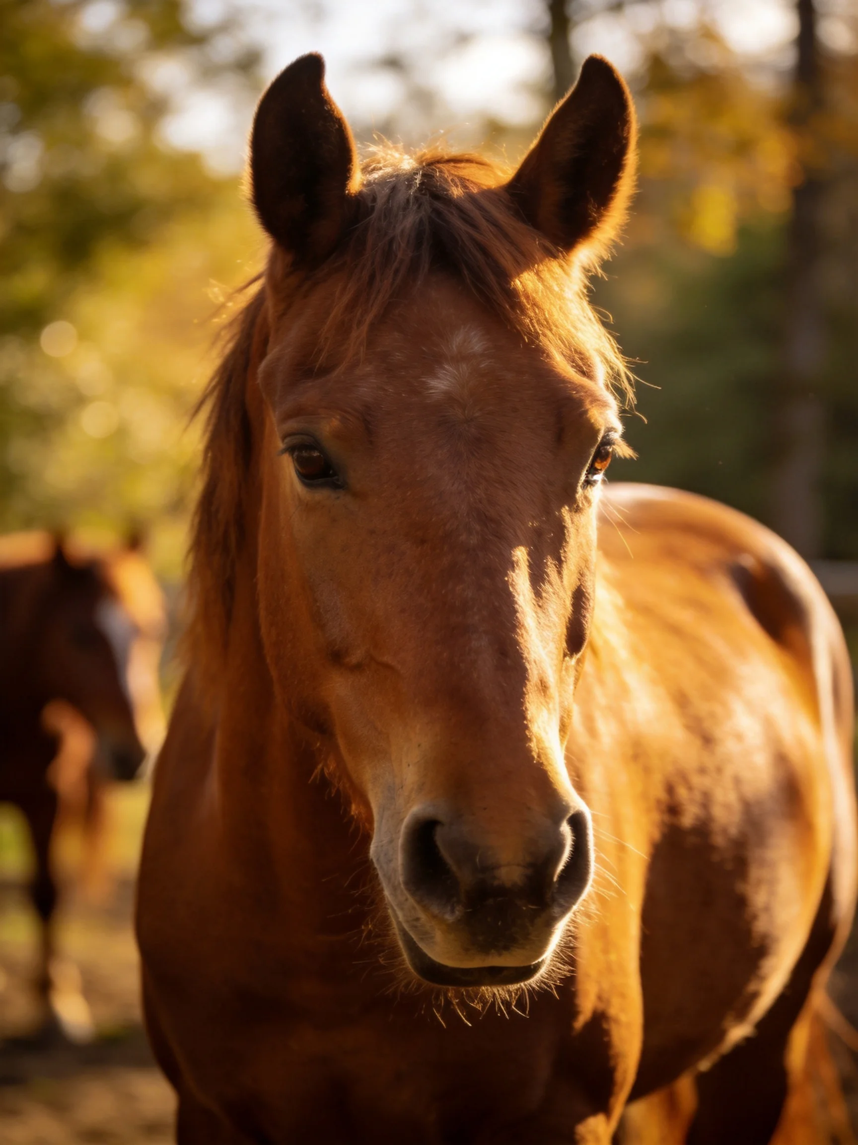 A chestnut horse in sharp focus with another in the blurred background outdoors