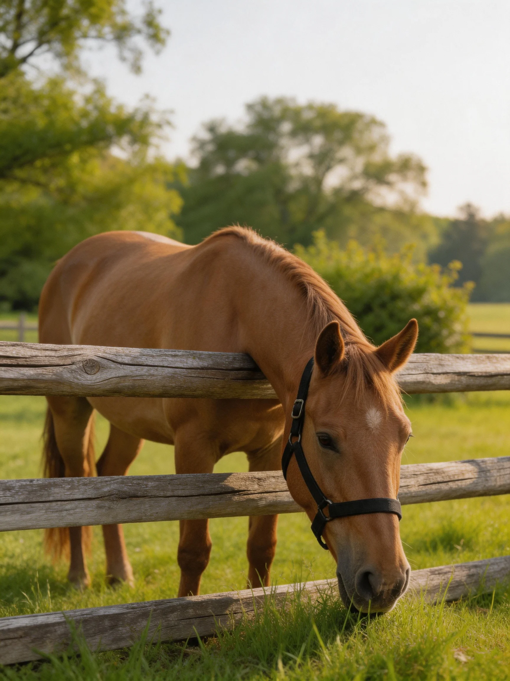 A chestnut horse leans over a weathered wooden fence in a sunny pasture