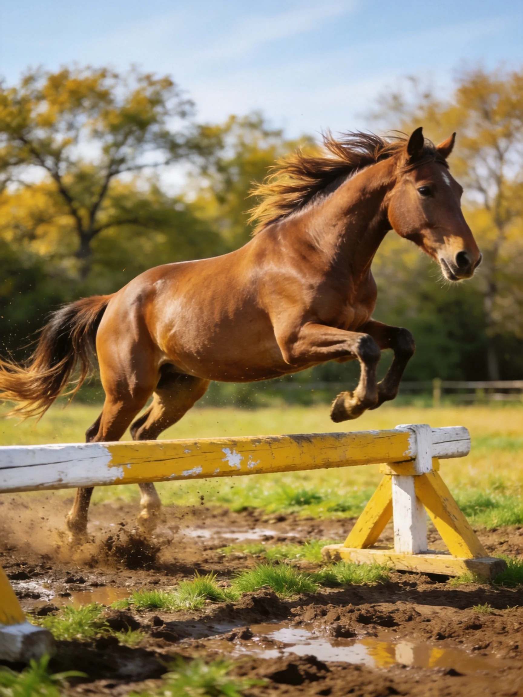 A chestnut horse leaps over a yellow-and-white obstacle in a sunlit field