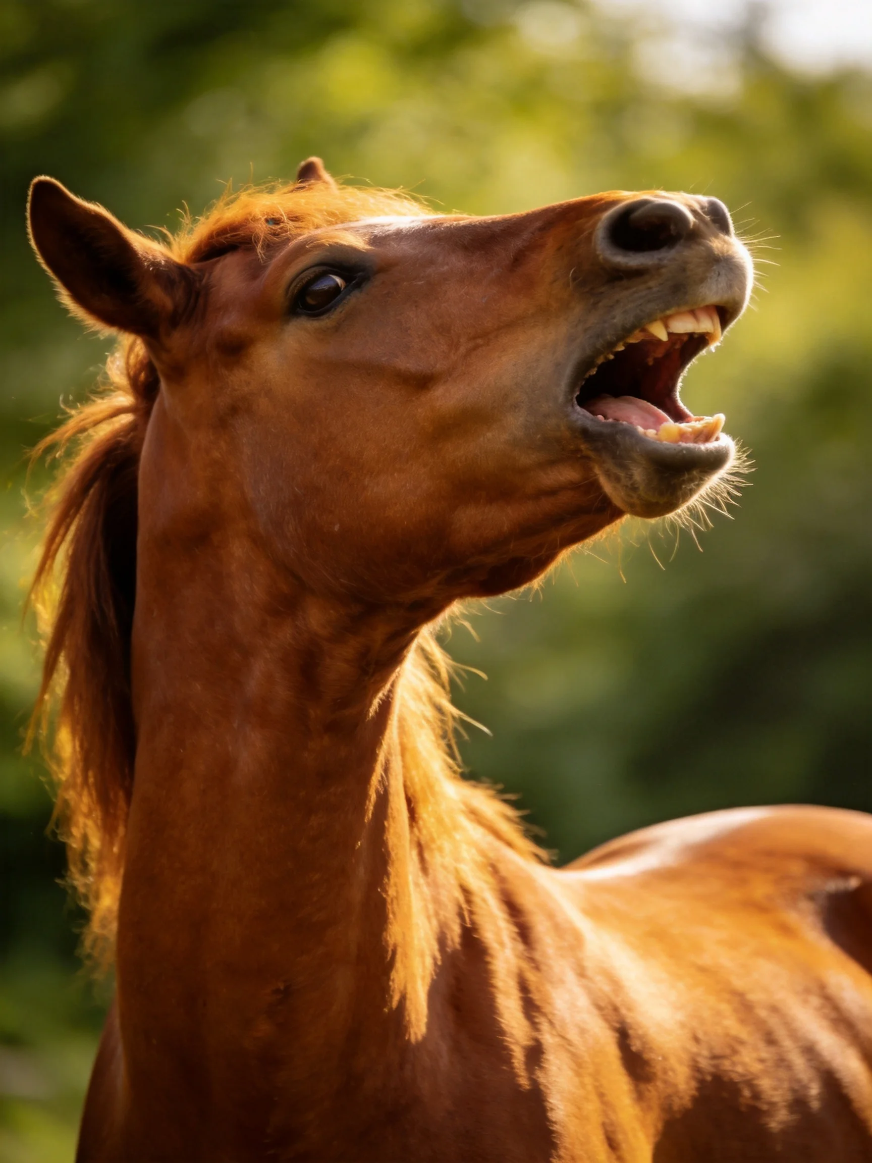 A chestnut horse mid-neigh with golden mane and blurred green backdrop