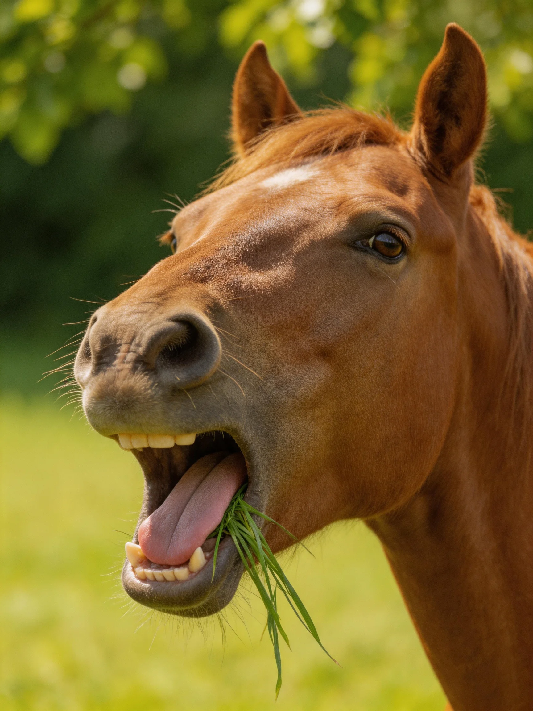 A chestnut horse munching fresh green grass in a sunlit meadow