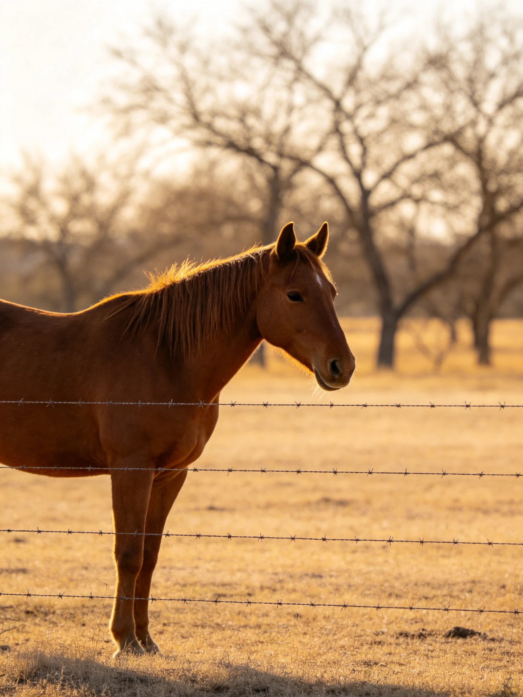 A chestnut horse near a barbed wire fence in a golden field