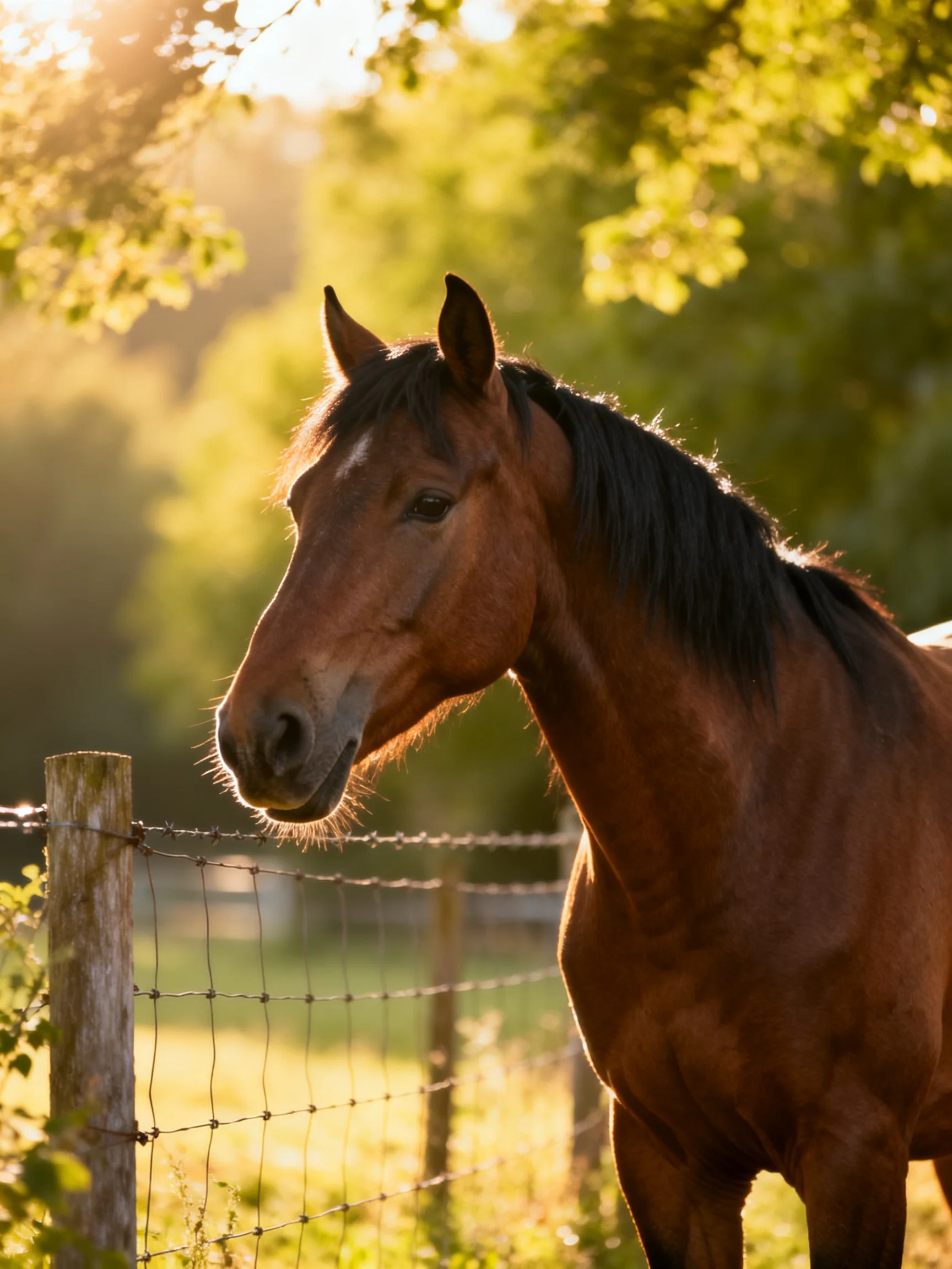A chestnut horse near a barbed wire fence in sun-drenched countryside
