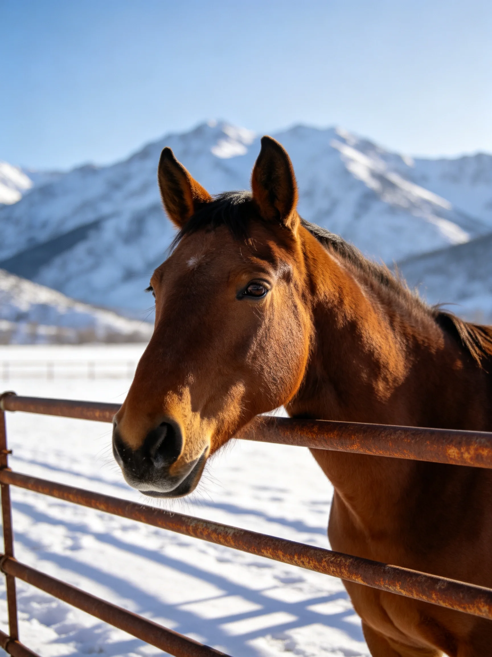 A chestnut horse near a rusted fence with snow - capped mountains