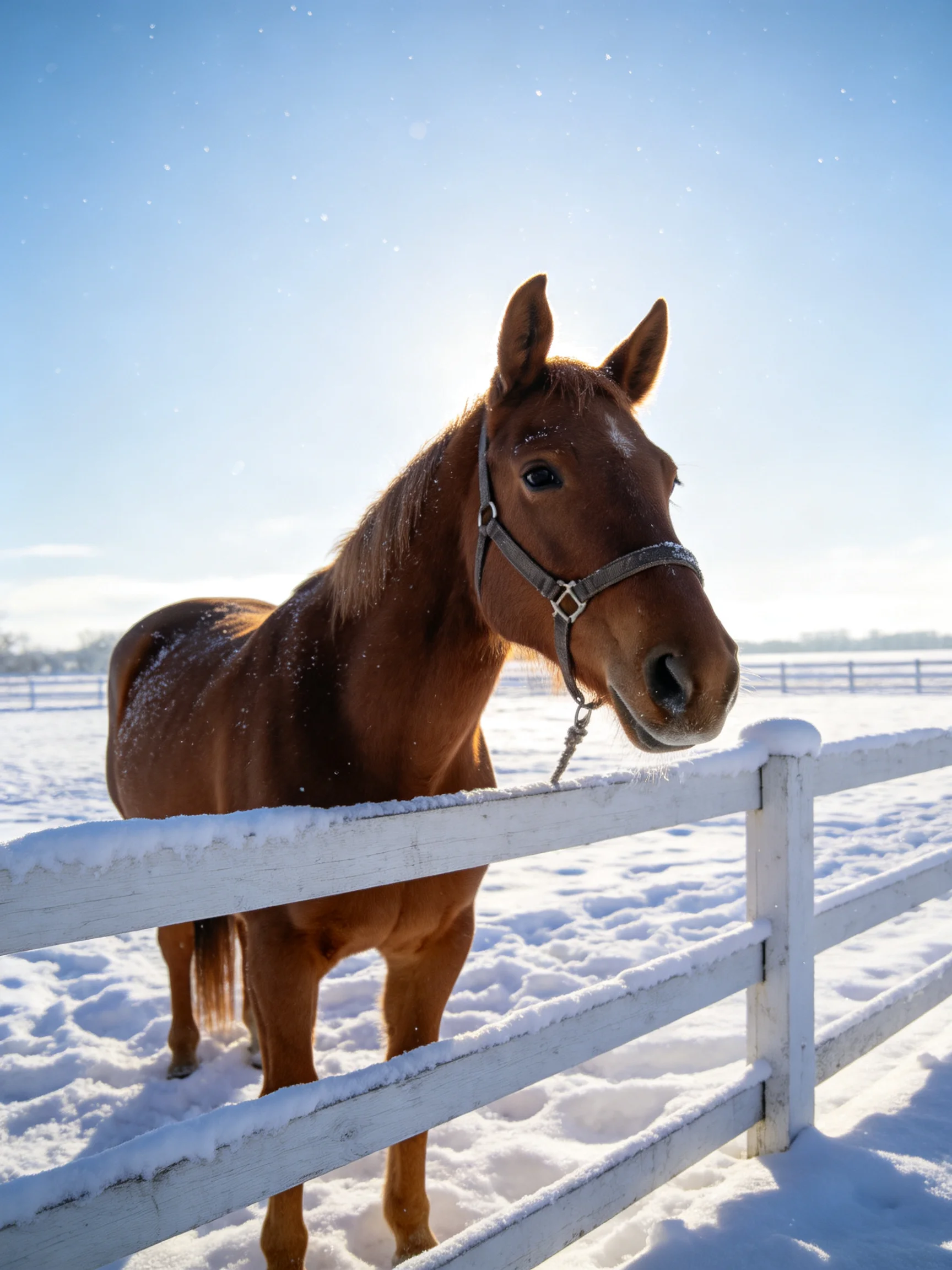 A chestnut horse near a snow-laden white fence in a bright winter setting