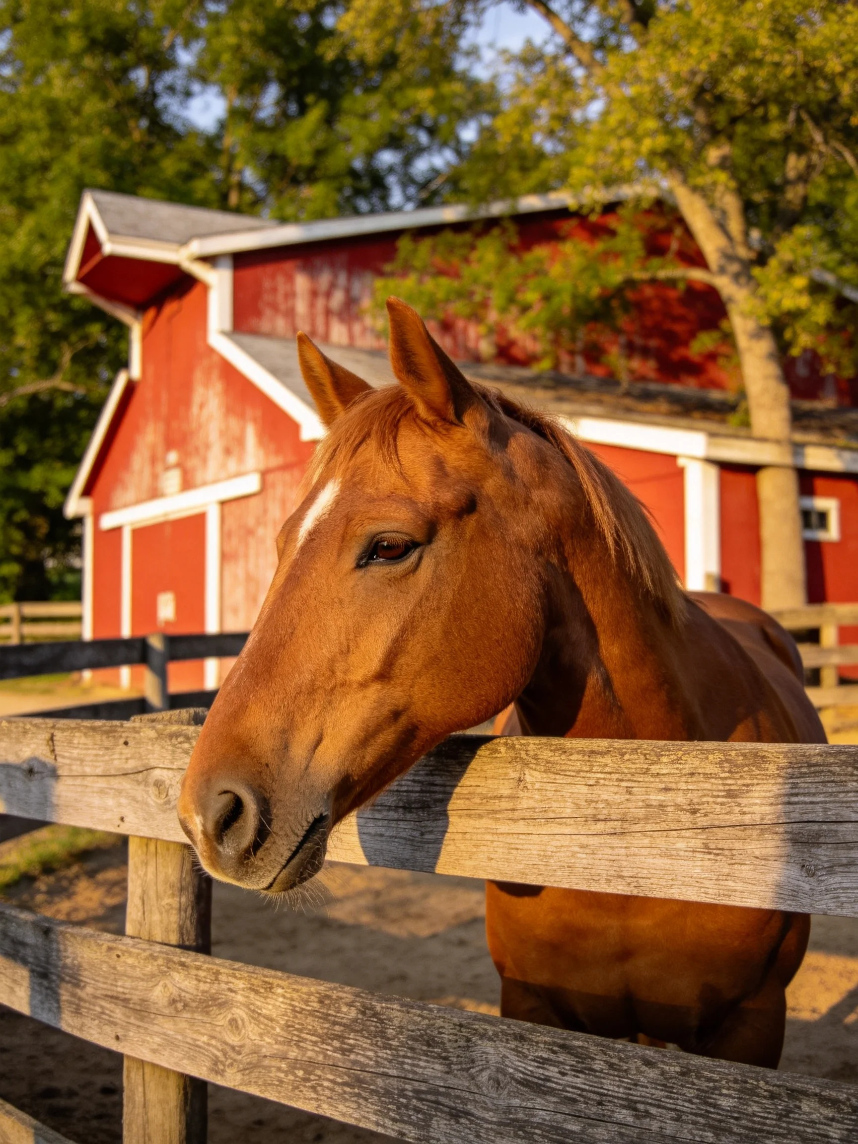 A chestnut horse looks over a wooden fence near a red barn.