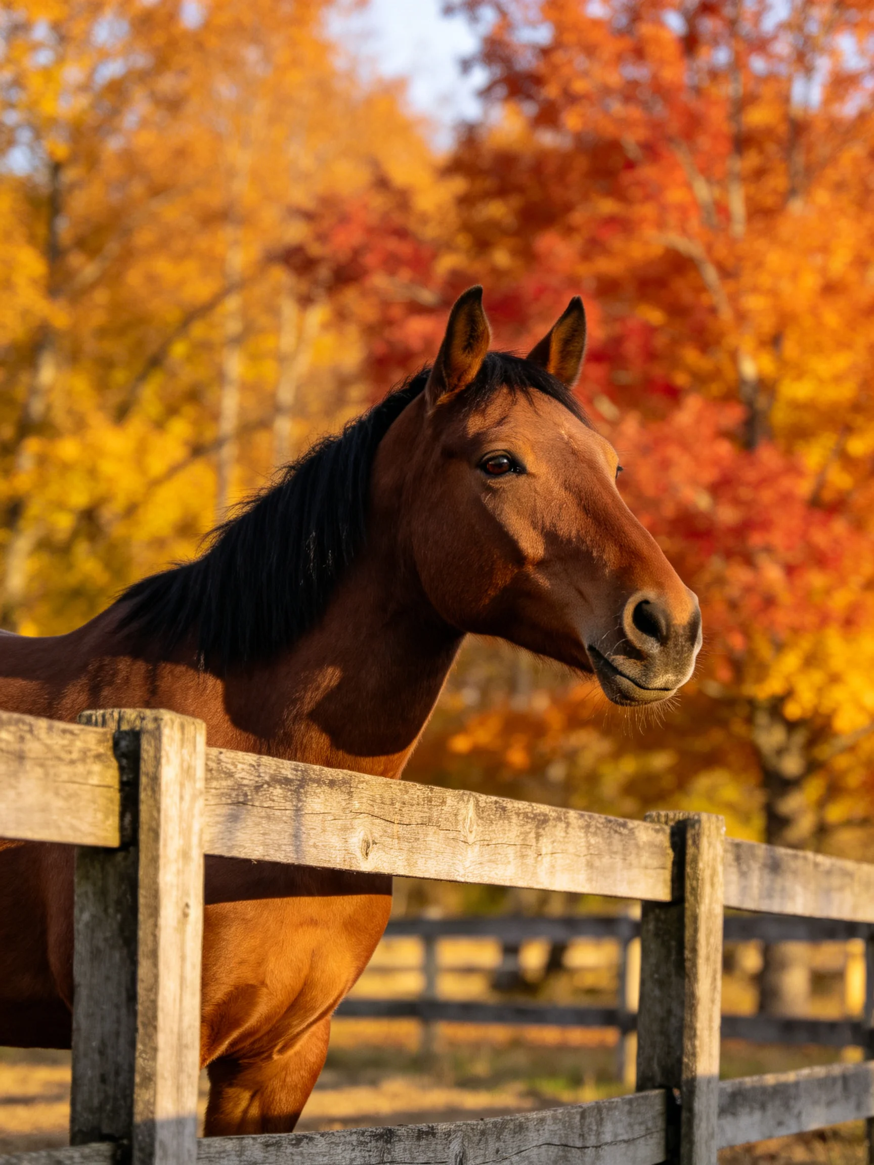 A chestnut horse stands by a wooden fence with autumn trees in the background.