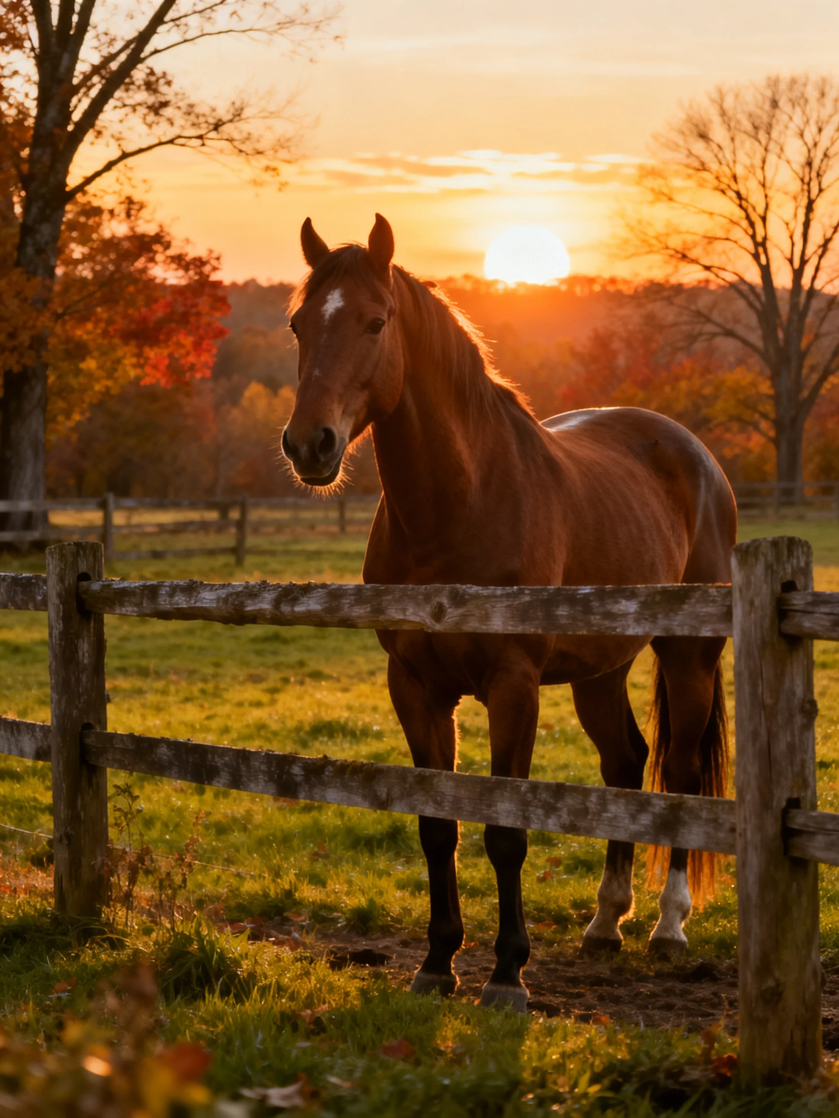 A chestnut horse near a weathered wooden fence at golden hour