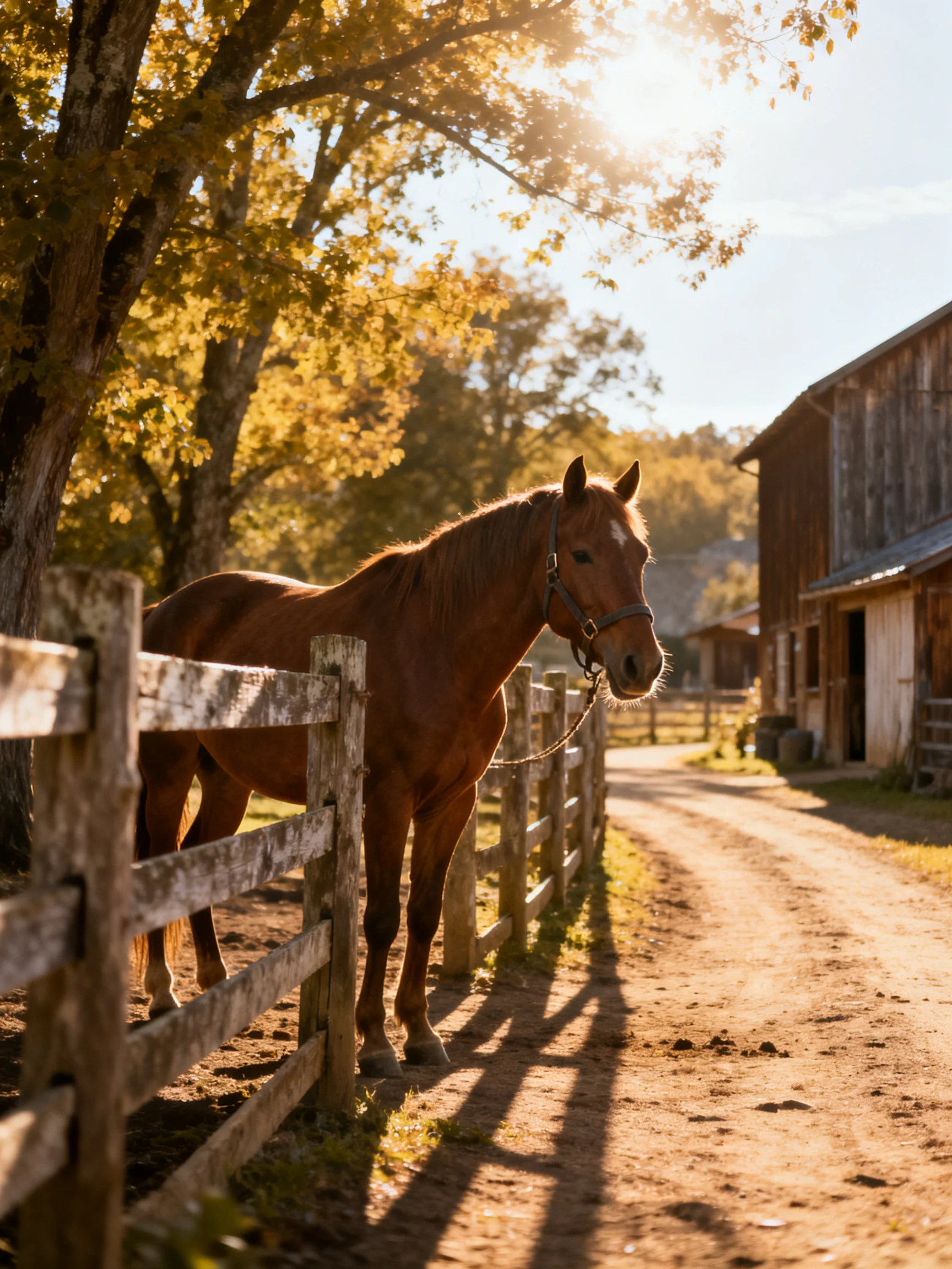 A chestnut horse stands by a wooden fence near a rustic barn on a sunny day.