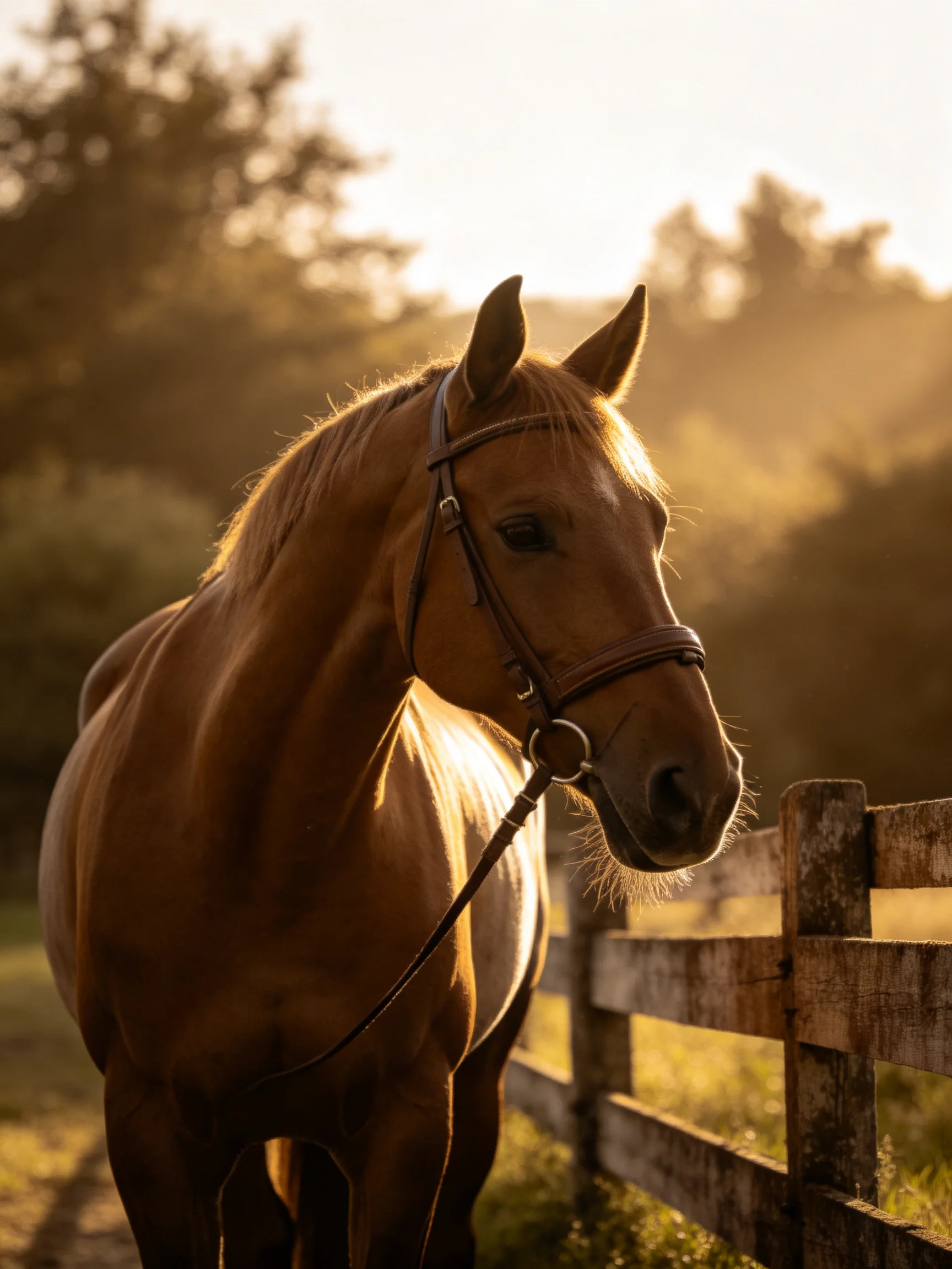 A chestnut horse near a weathered wooden fence in golden-hour light
