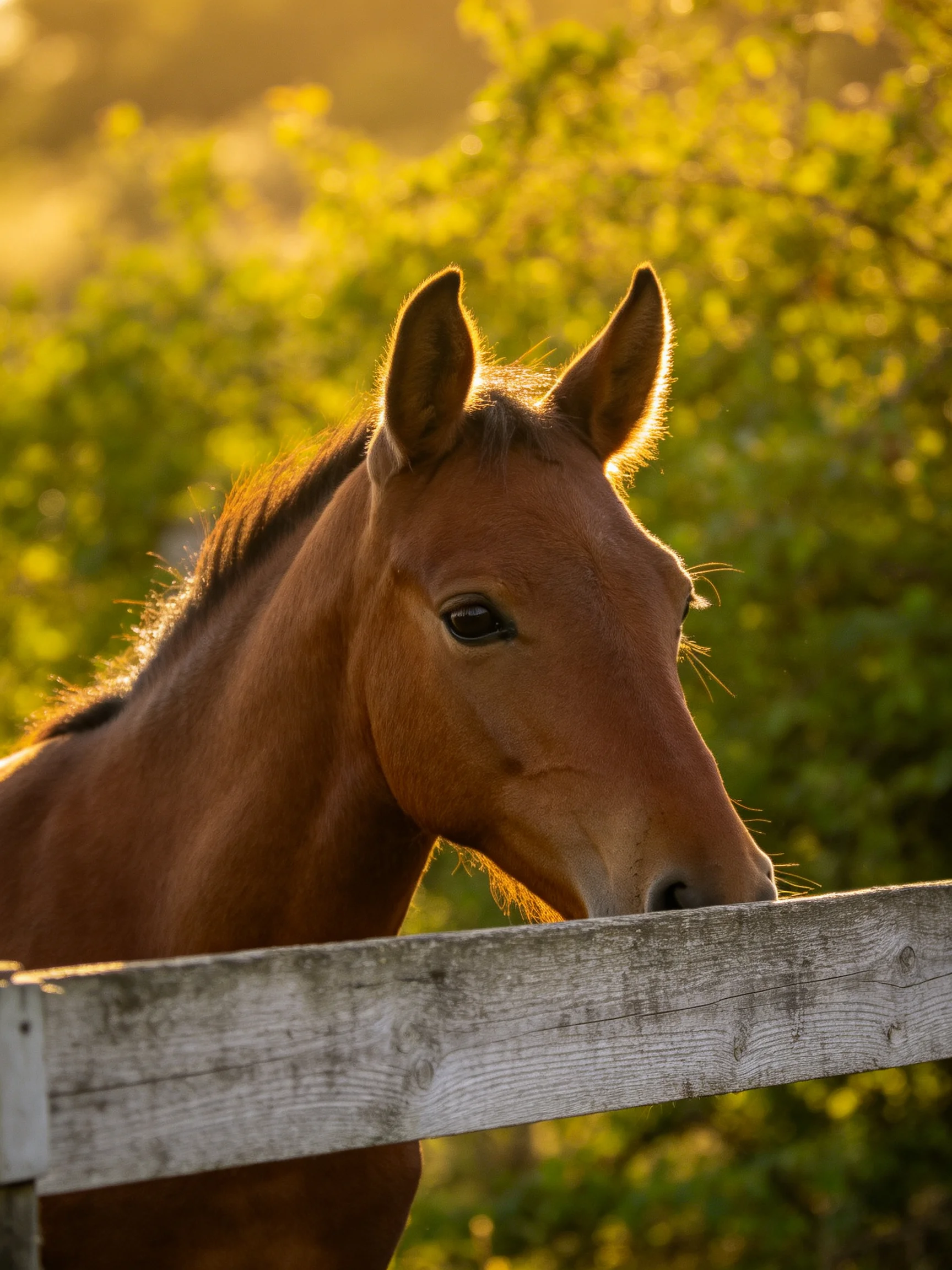 A chestnut horse looks over a weathered fence into a sunlit, green landscape.