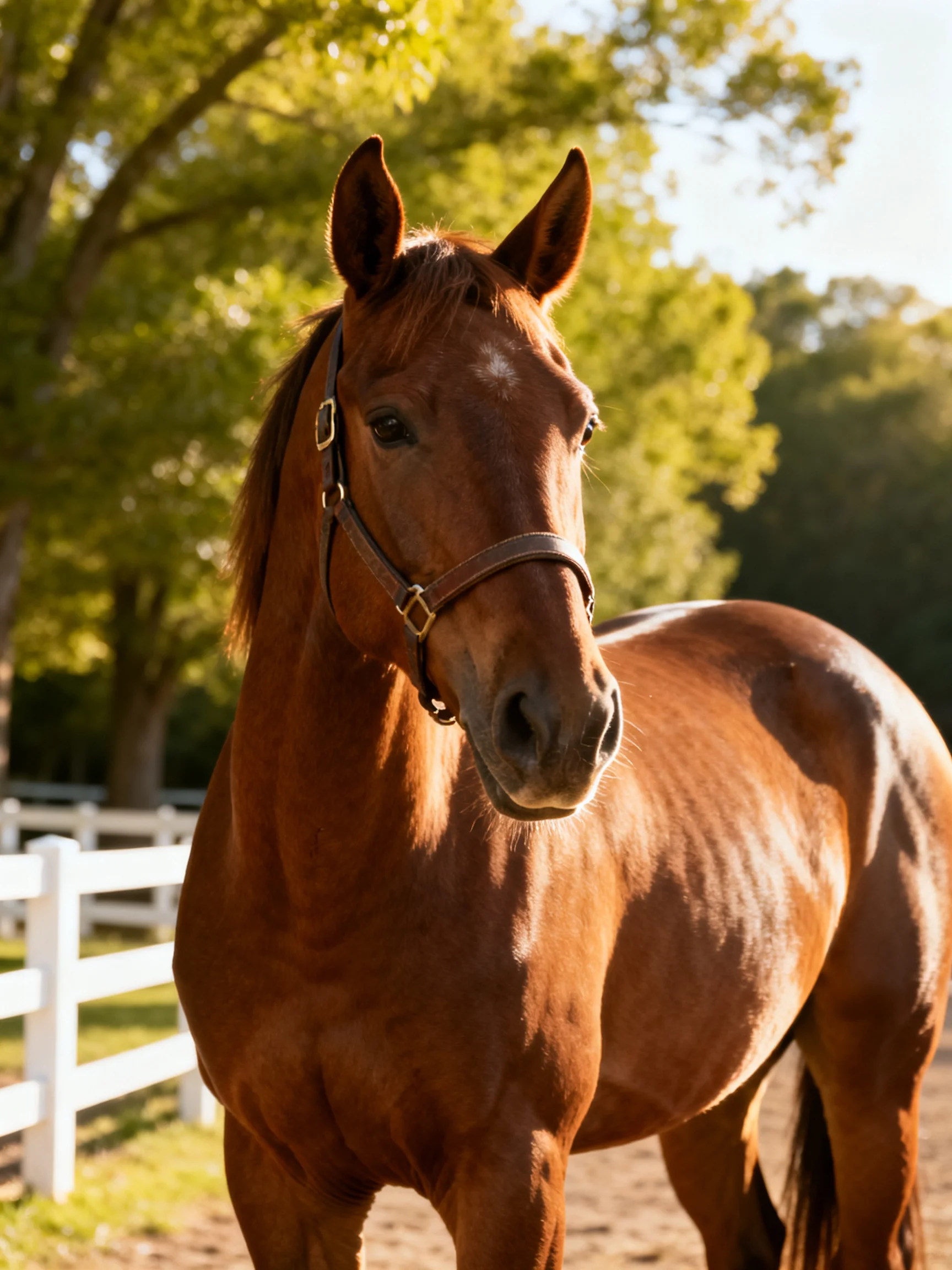 A chestnut horse near a white fence with lush green trees