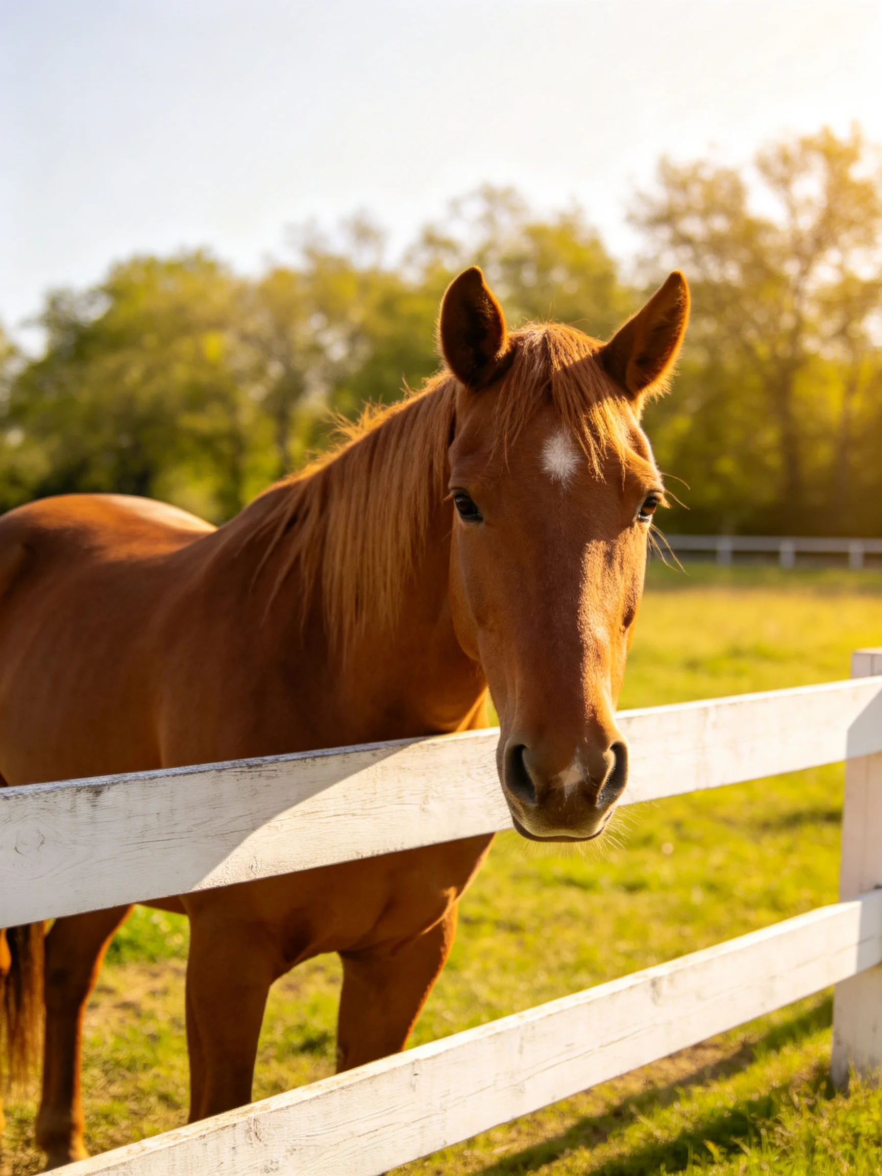 A chestnut horse near a white wooden fence in a sunlit pasture