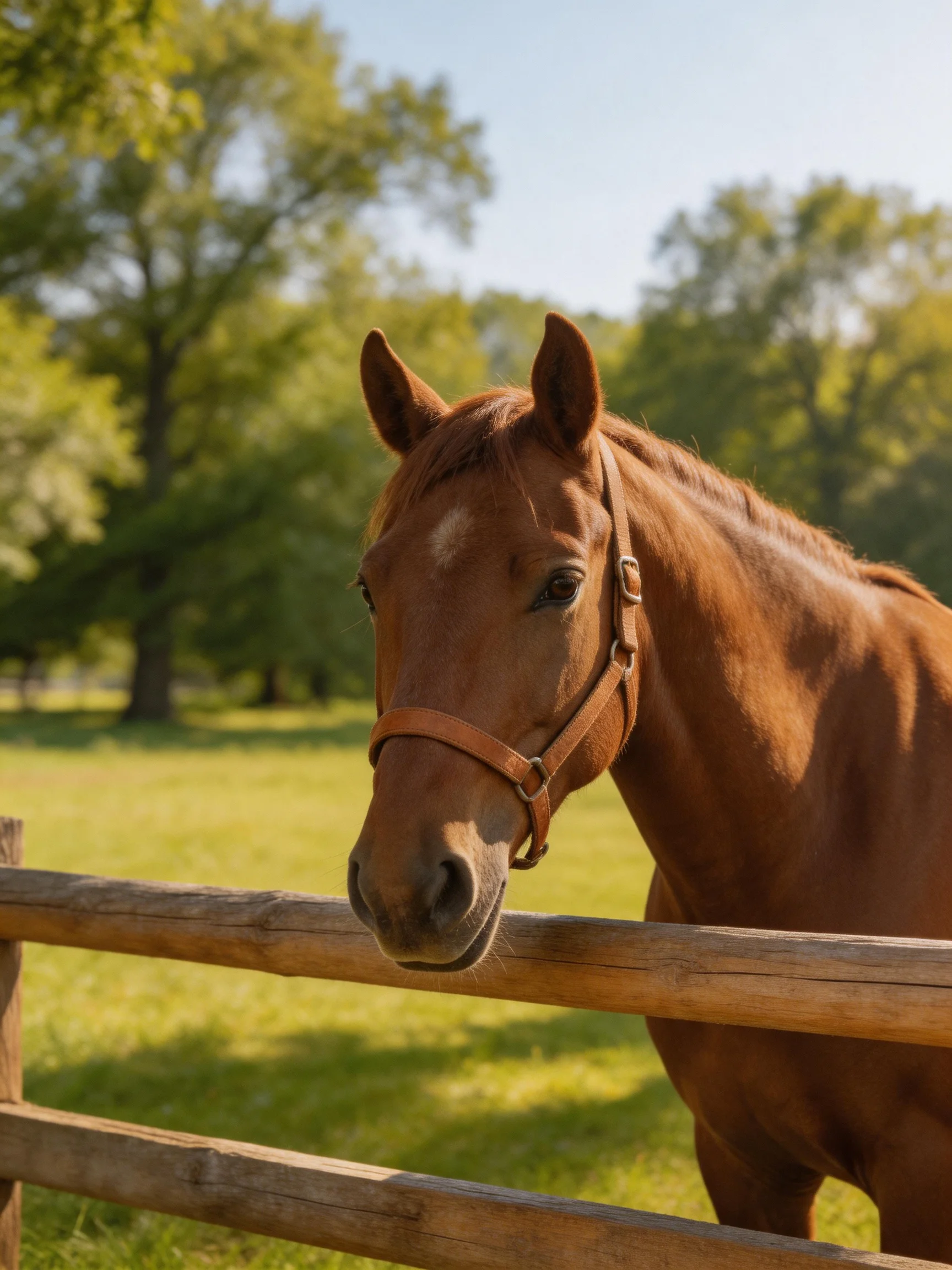 A chestnut horse approaches a wooden fence in a sunny meadow.