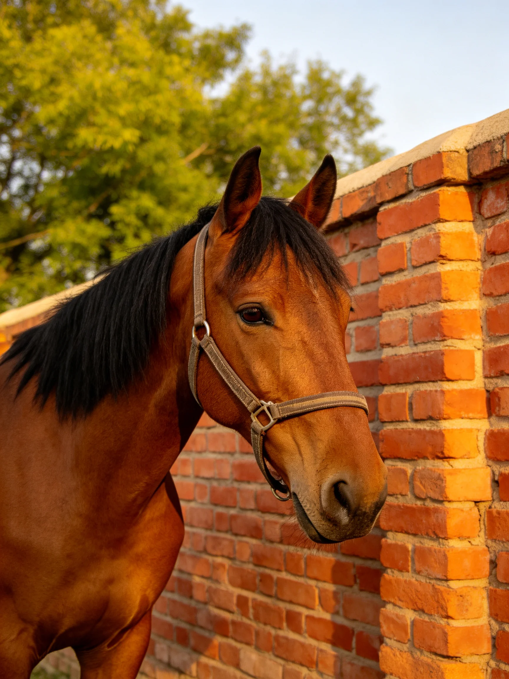 A chestnut horse near an aged red-brick wall with green foliage