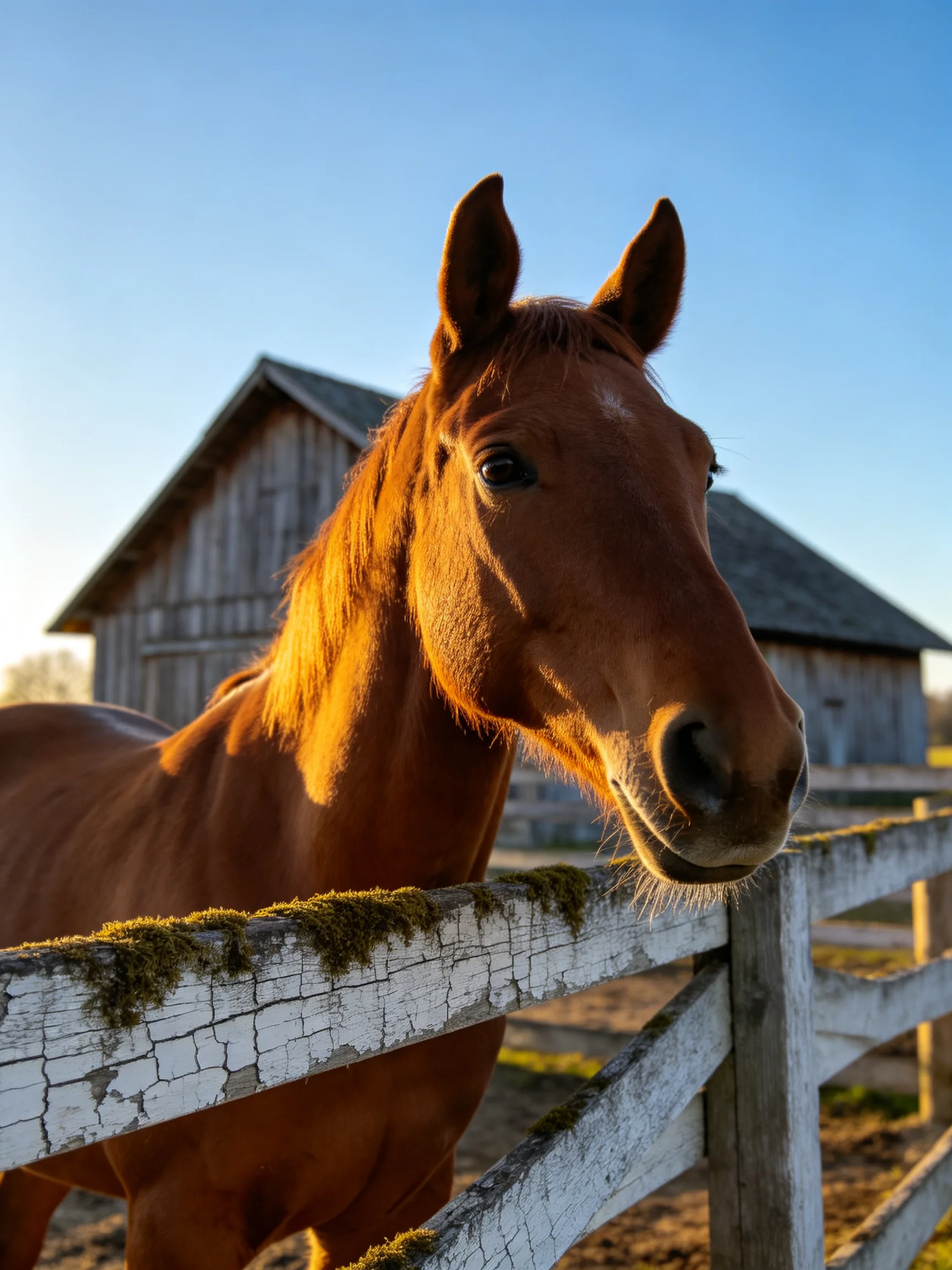 A chestnut horse near an aged wooden fence with rustic barns