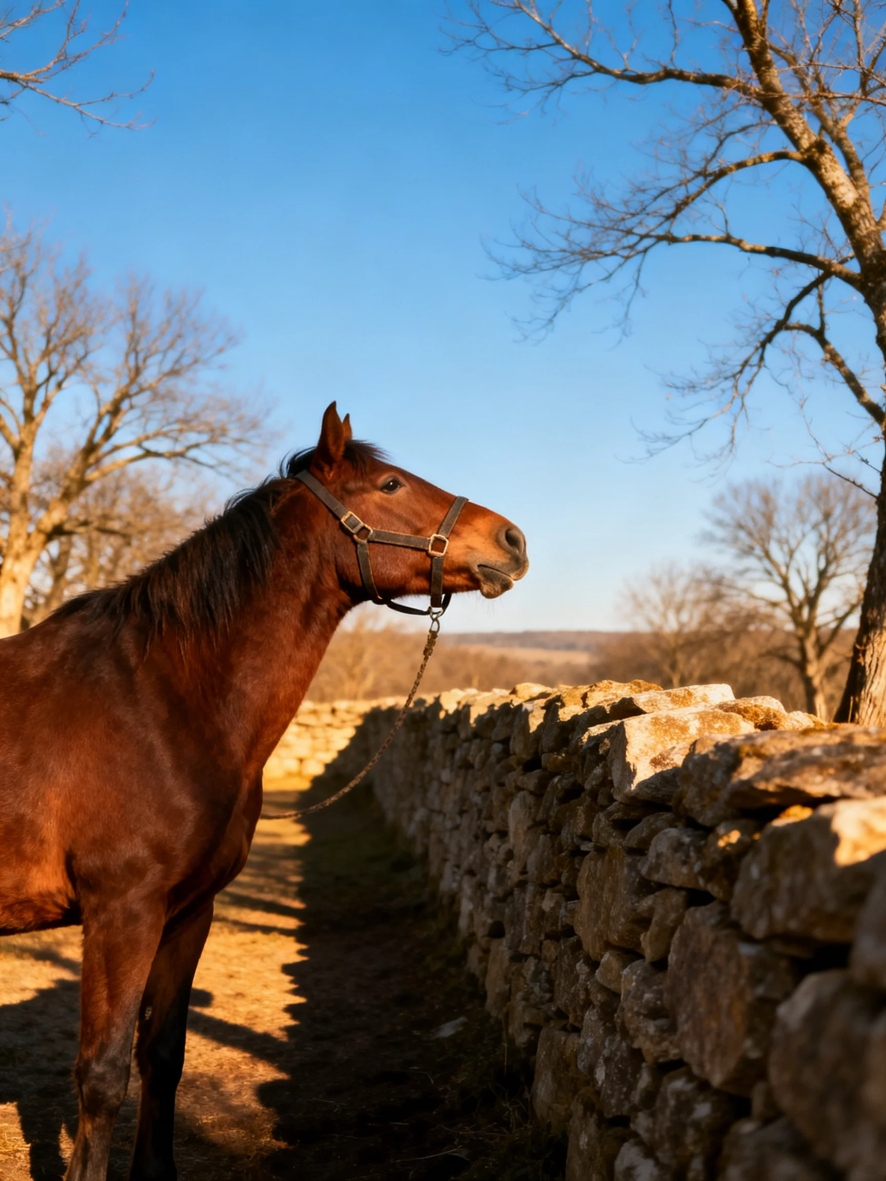 A chestnut horse near an old stone wall under clear blue sky