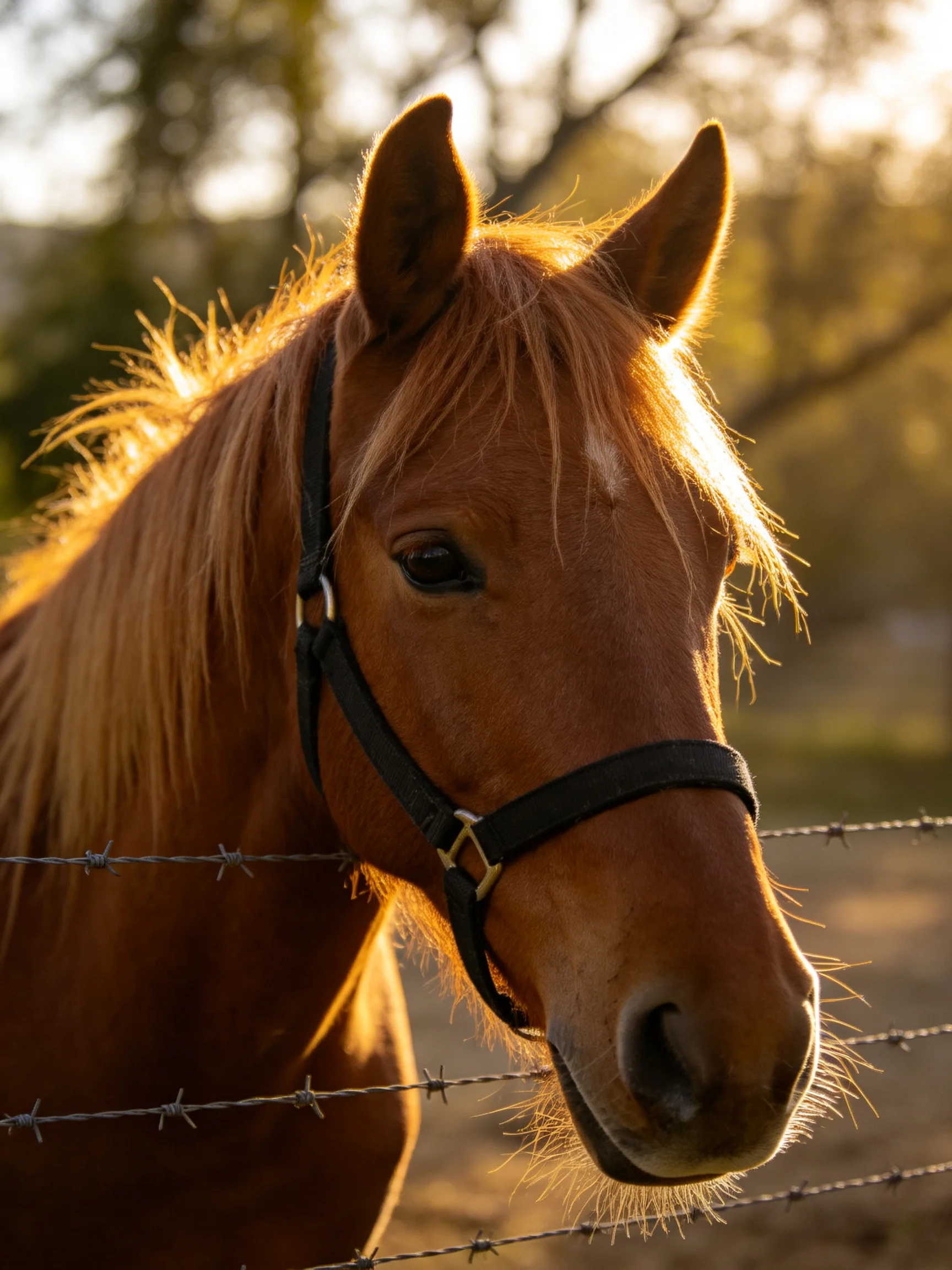A chestnut horse near barbed wire fence in golden sunlight