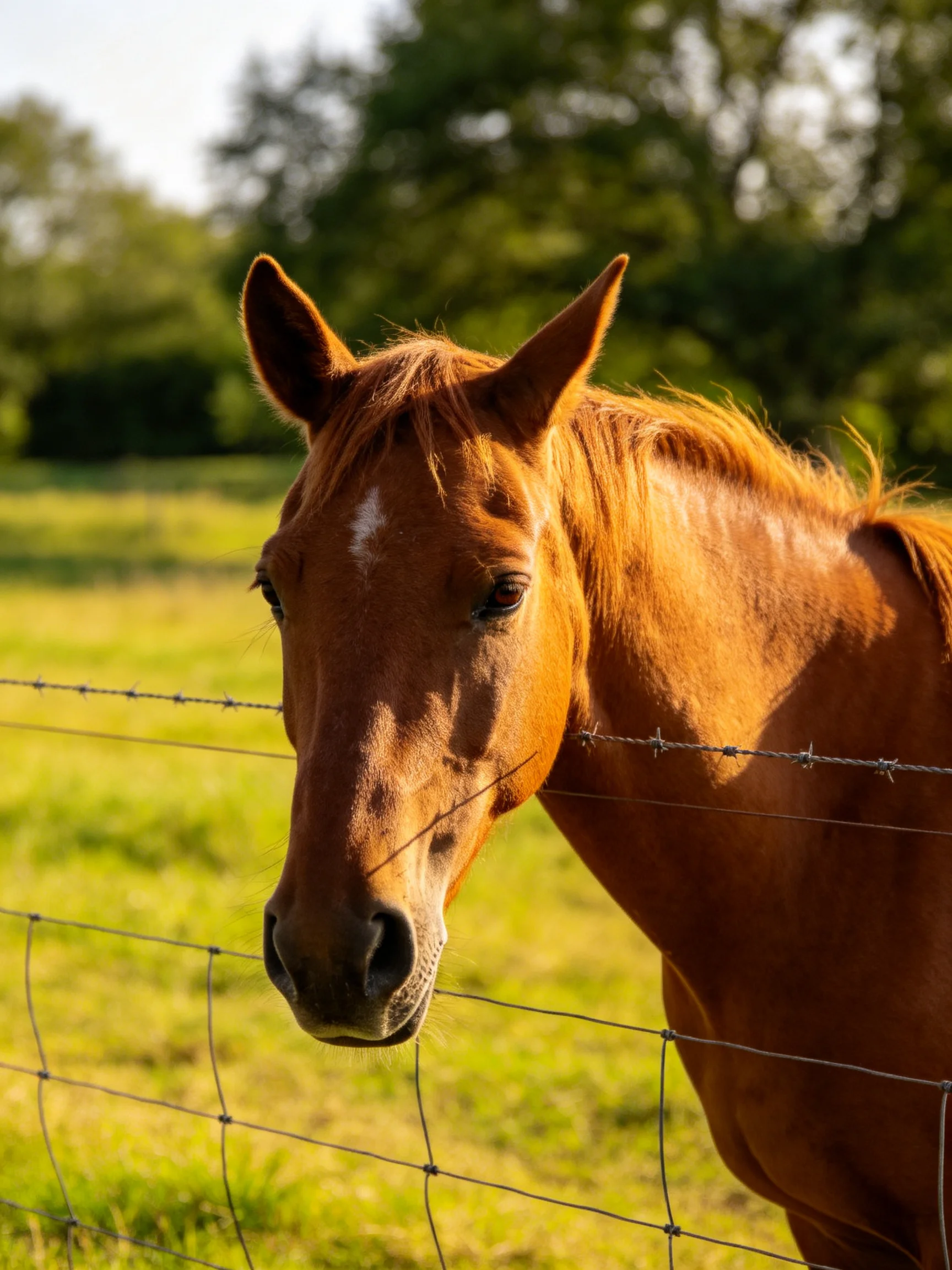 A chestnut horse near barbed wire fence in sunlit pasture