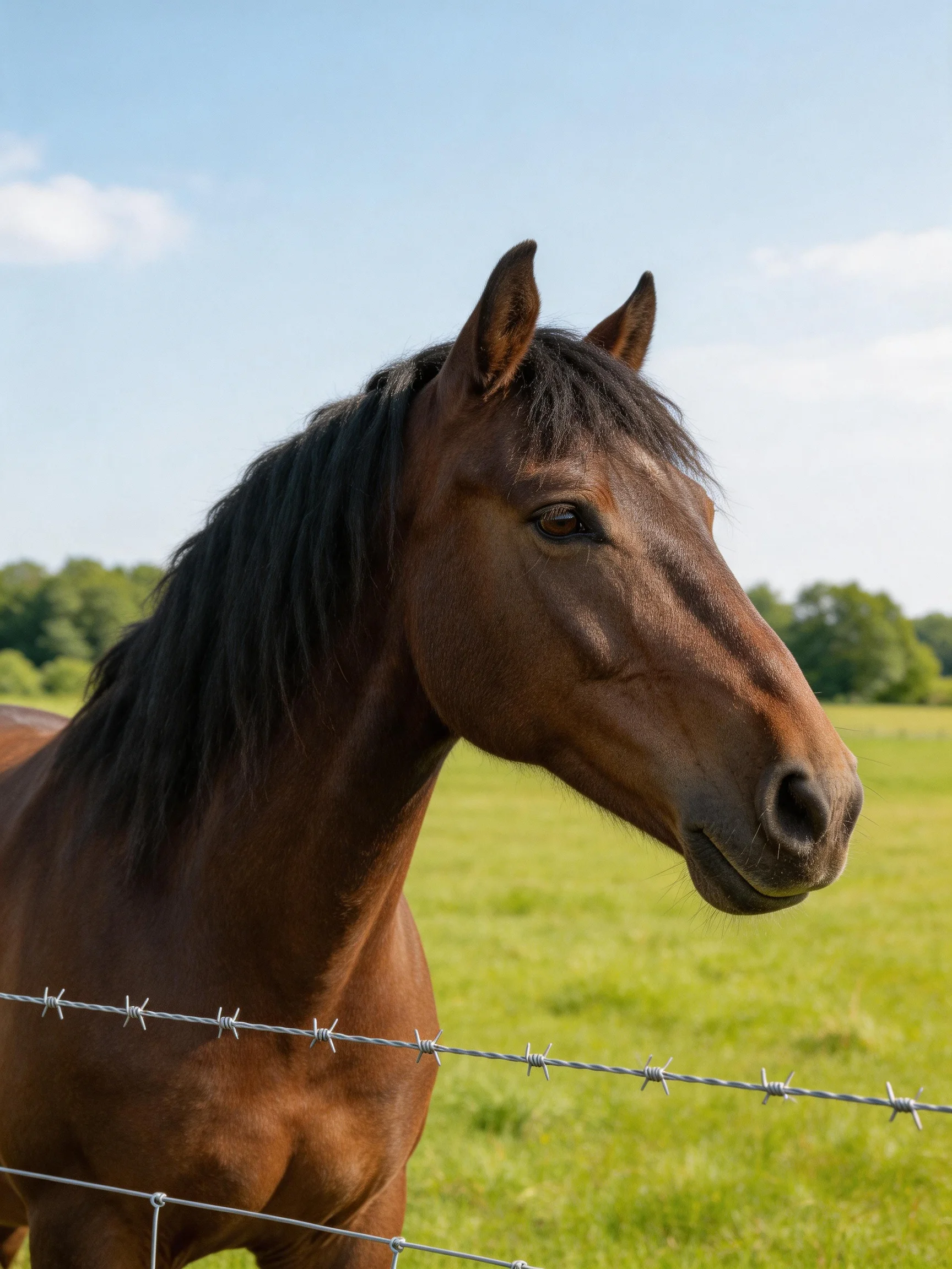 A chestnut horse near barbed wire fence in sunny pasture