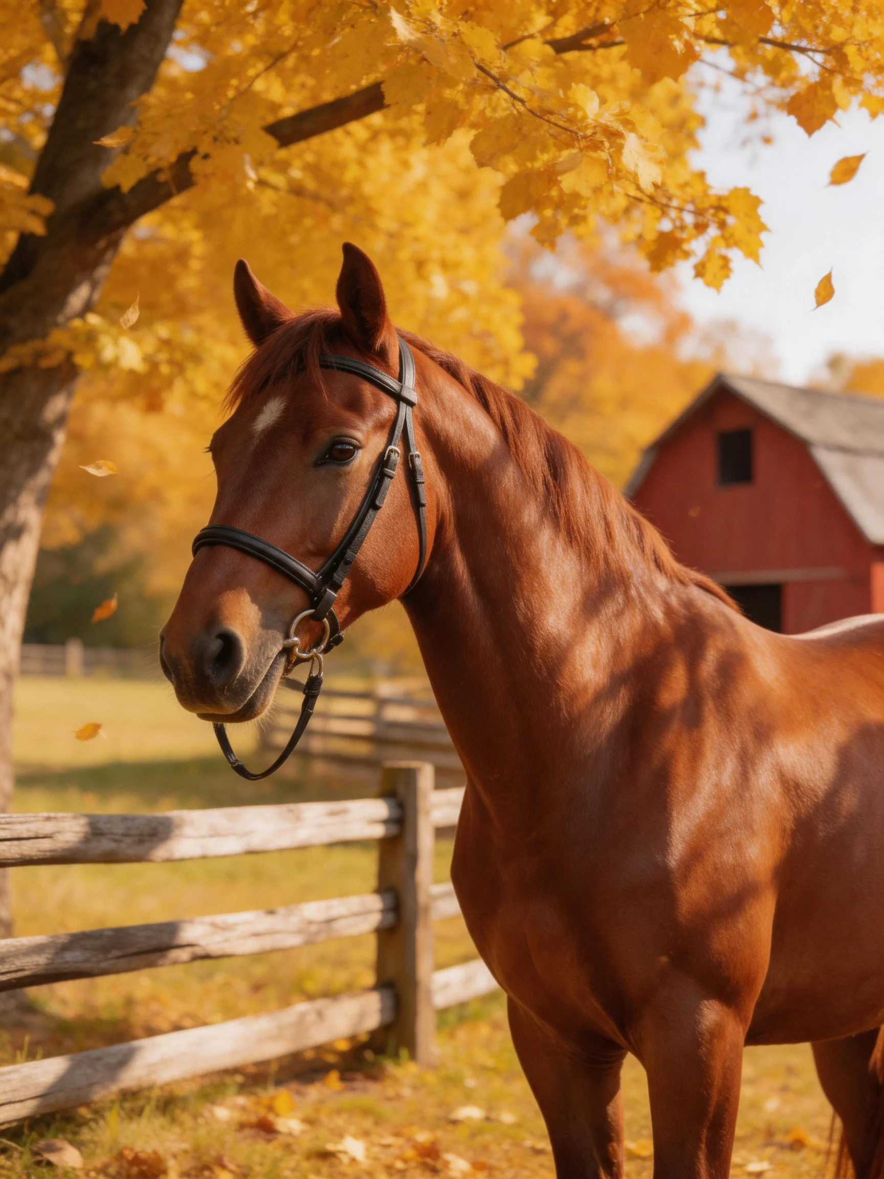 A chestnut horse near golden autumn trees and a red barn