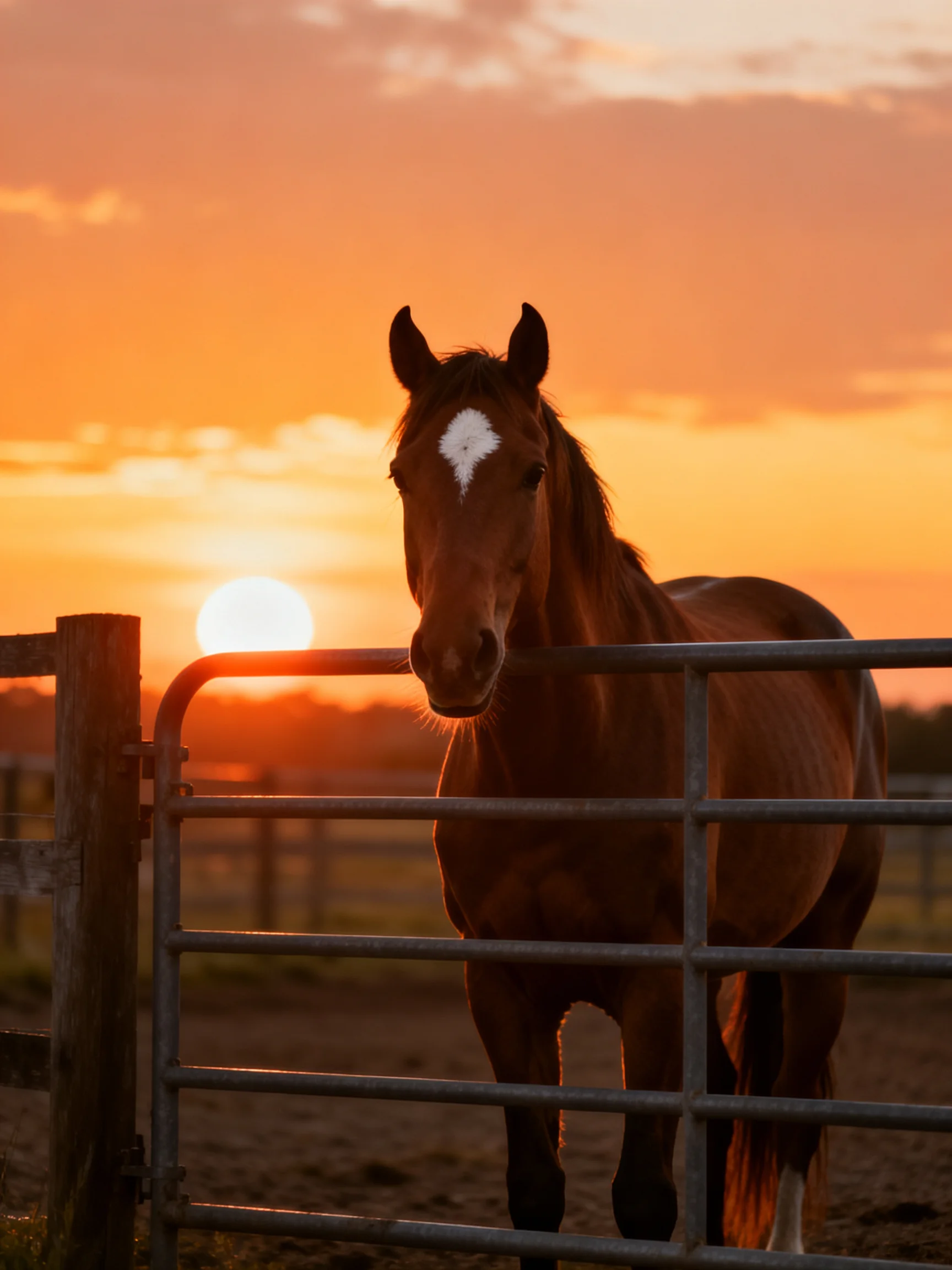 A chestnut horse near metal fencing under a vibrant sunset sky