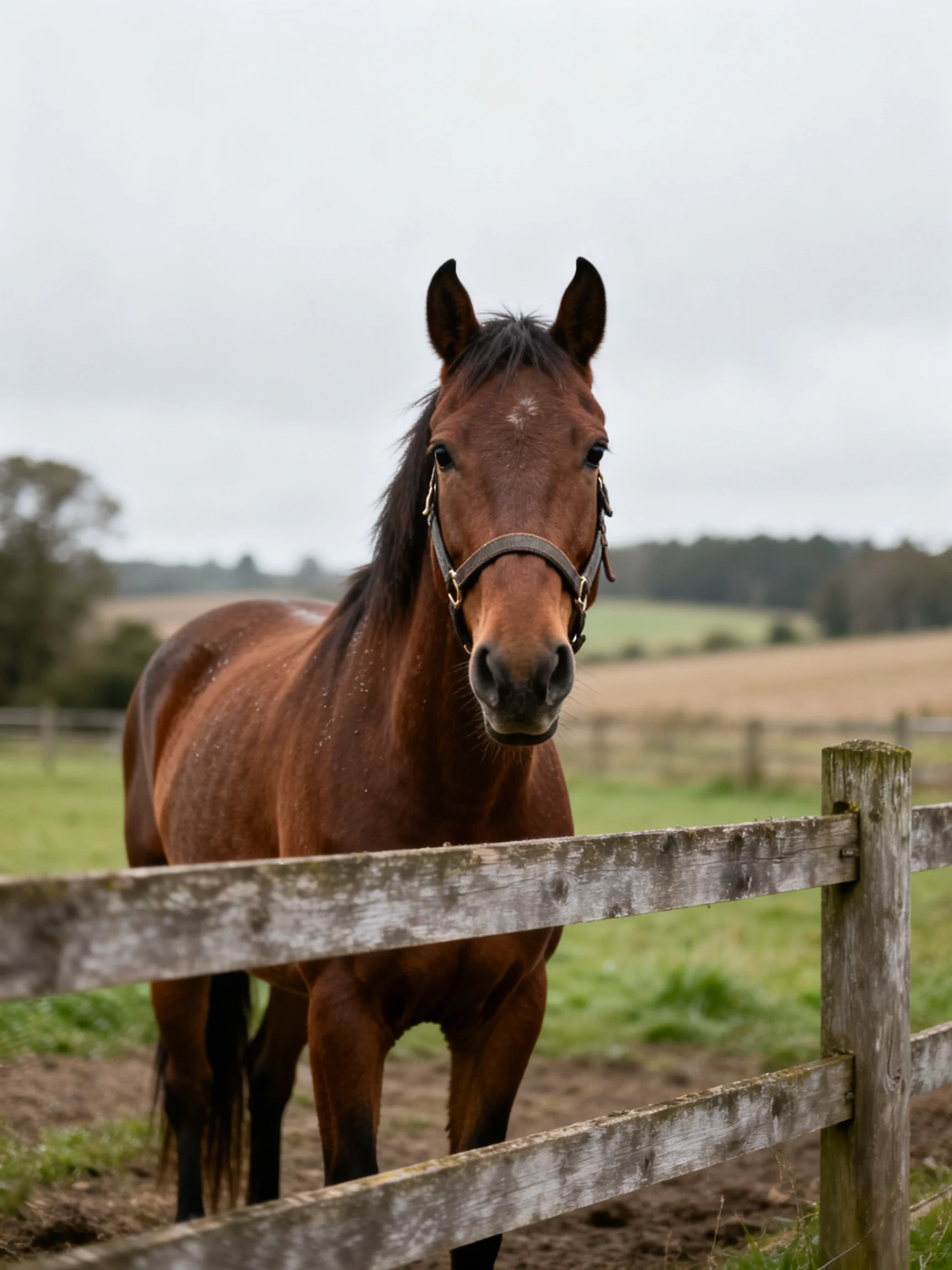 A chestnut horse near weathered wooden fencing in a rural field