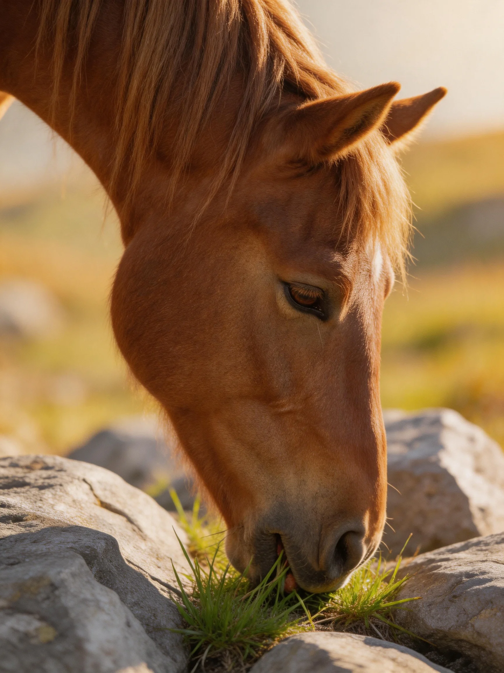 A chestnut horse nibbles green grass amid large gray rocks