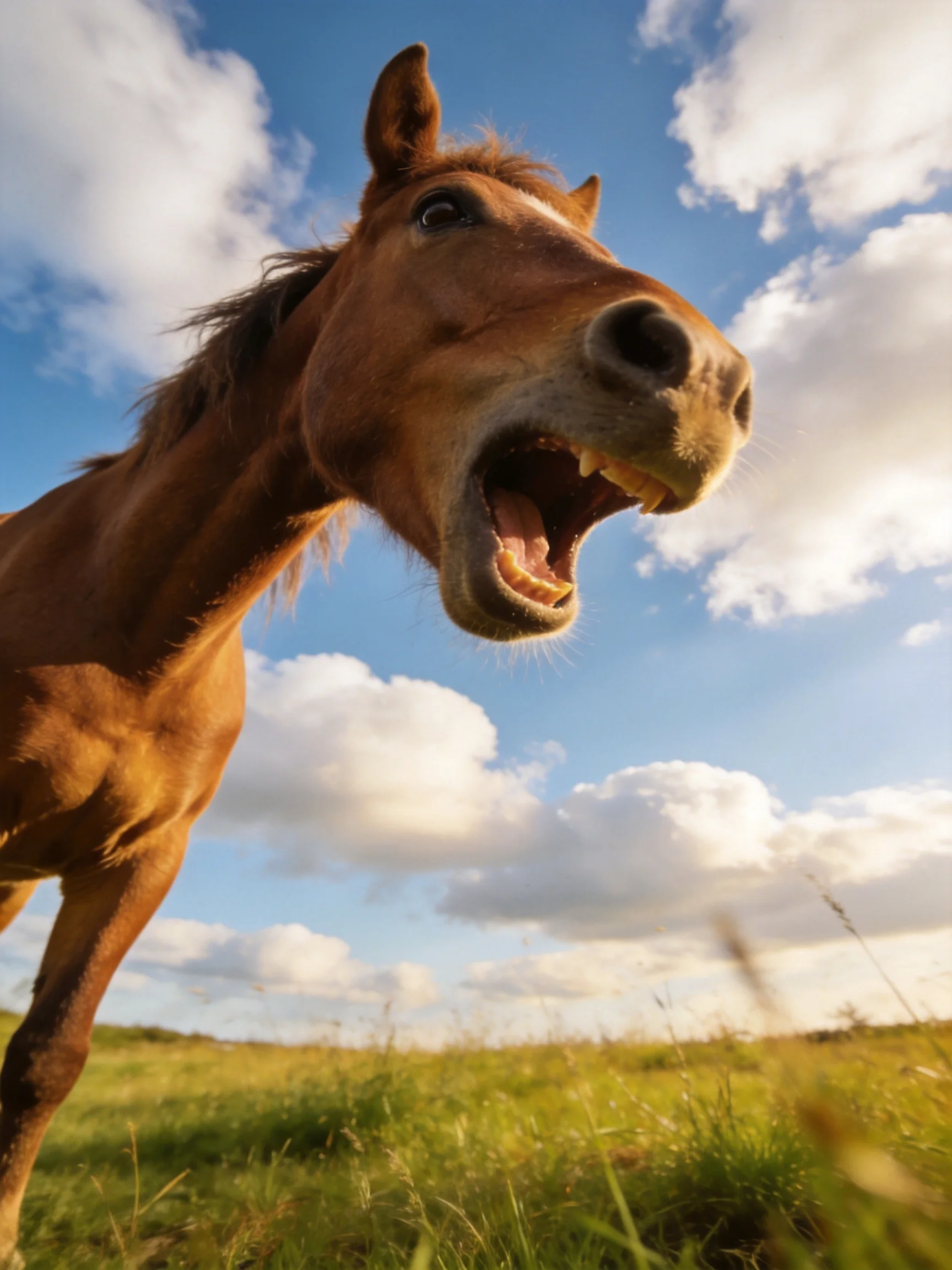 A chestnut horse opens its mouth in a sunlit meadow under blue skies