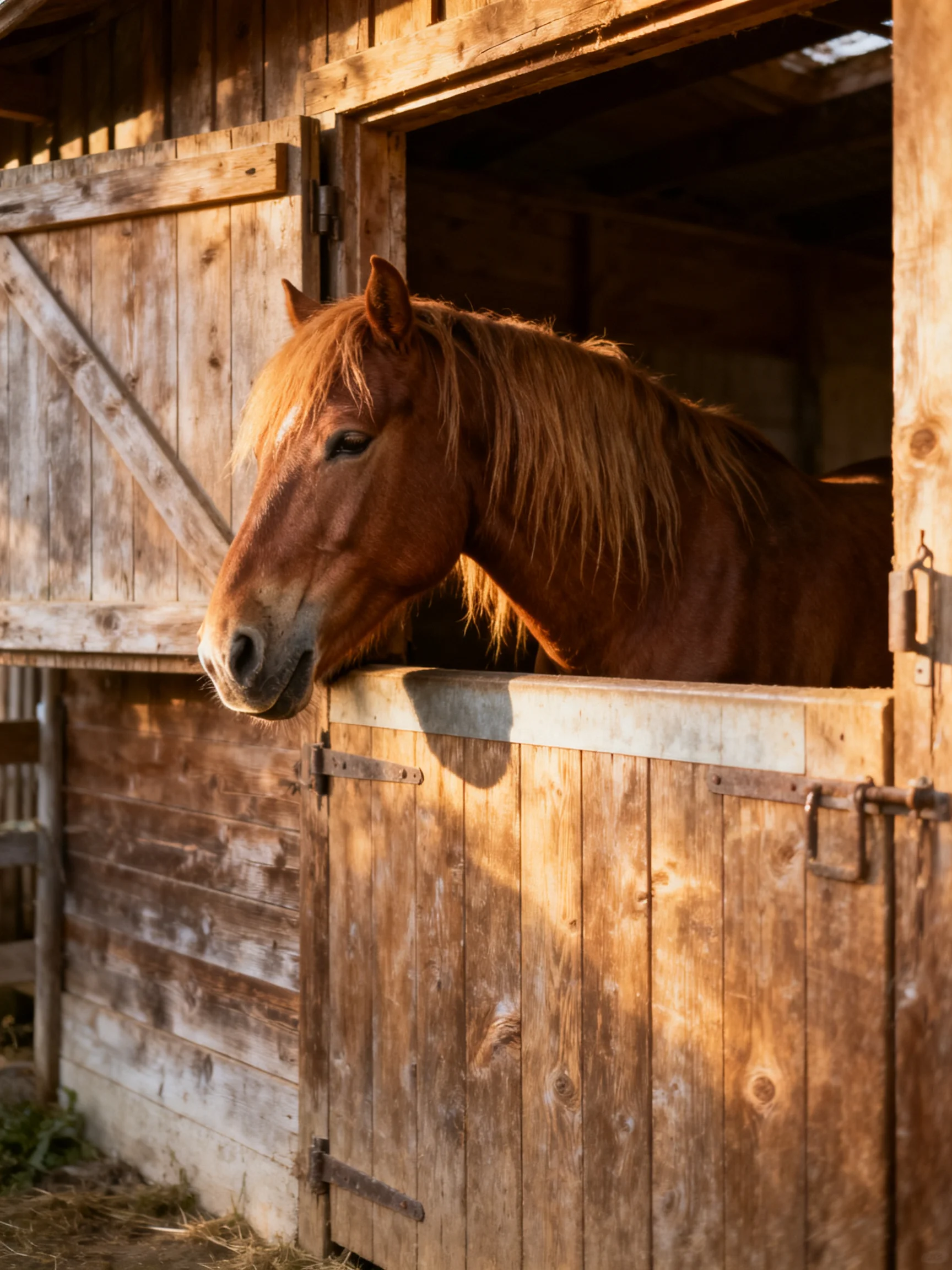A chestnut horse peeks from a weathered wooden stable doorway