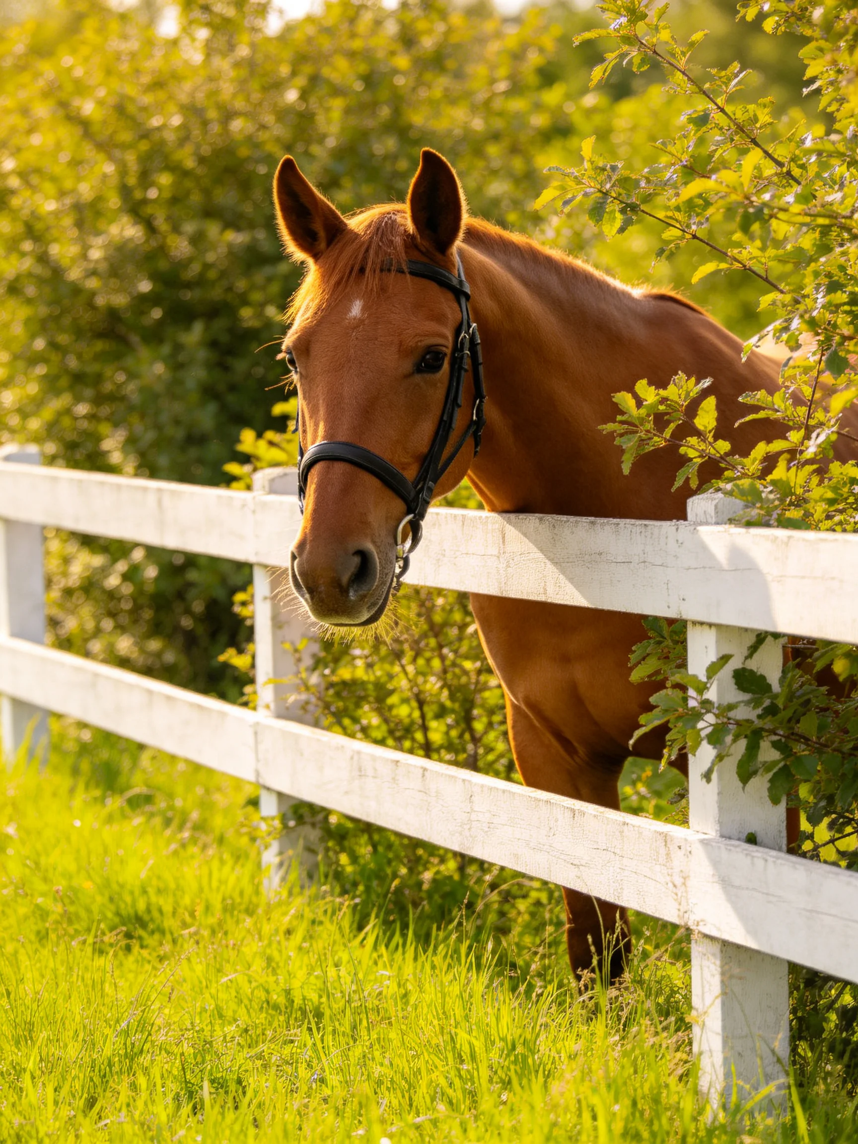 A chestnut horse peeks over a white wooden fence in a sunlit meadow