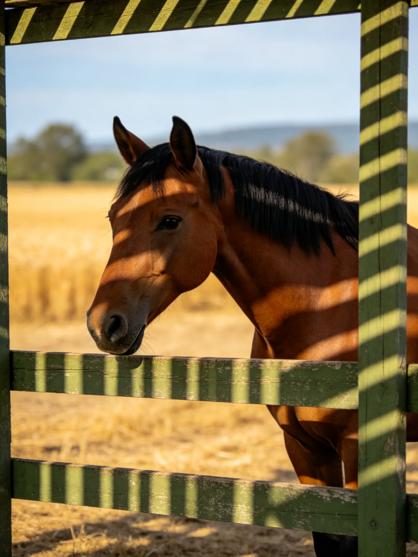 A chestnut horse peeks through a striped wooden fence into a golden field