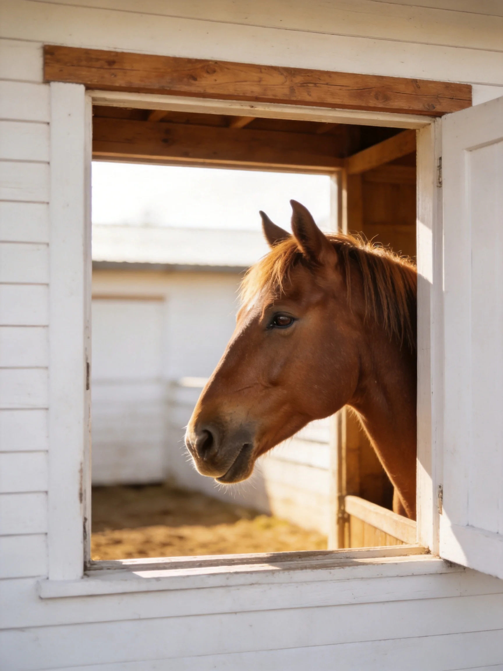 A chestnut horse peers out from an open white stable window