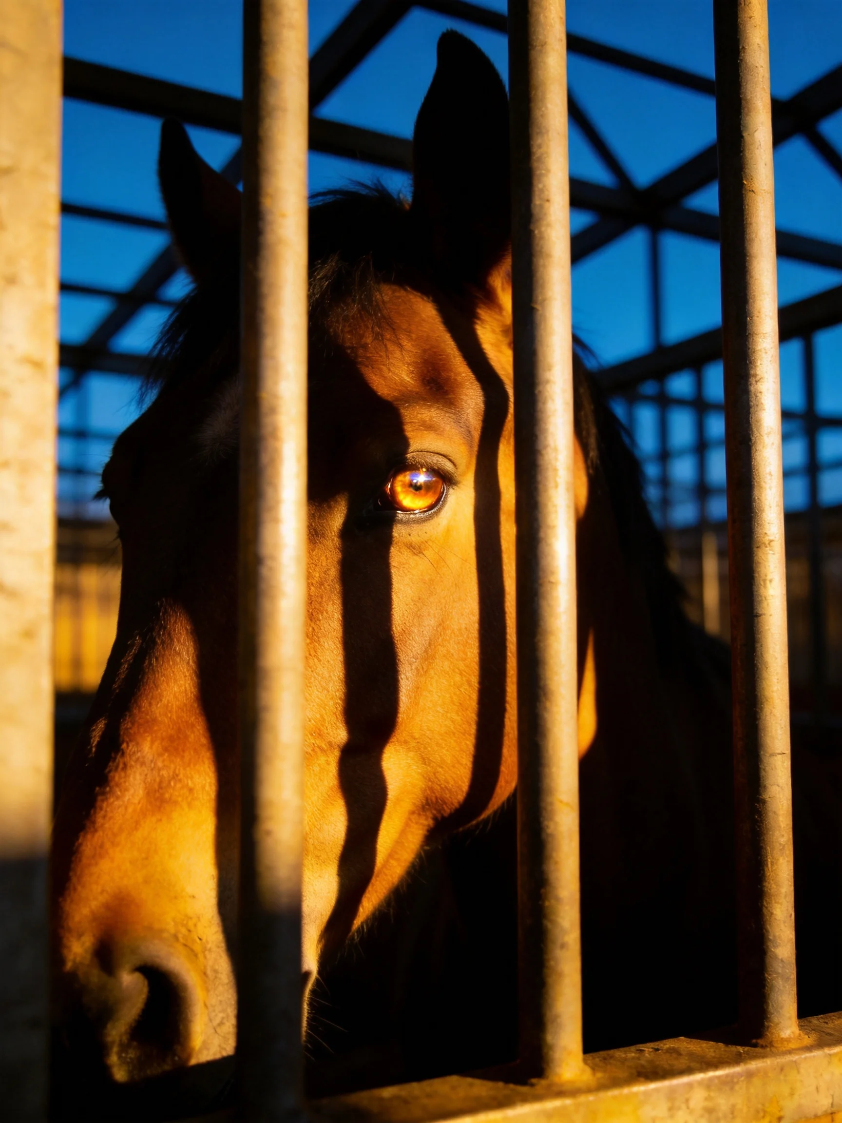 A chestnut horse peers through tall metal bars beneath a deep blue sky