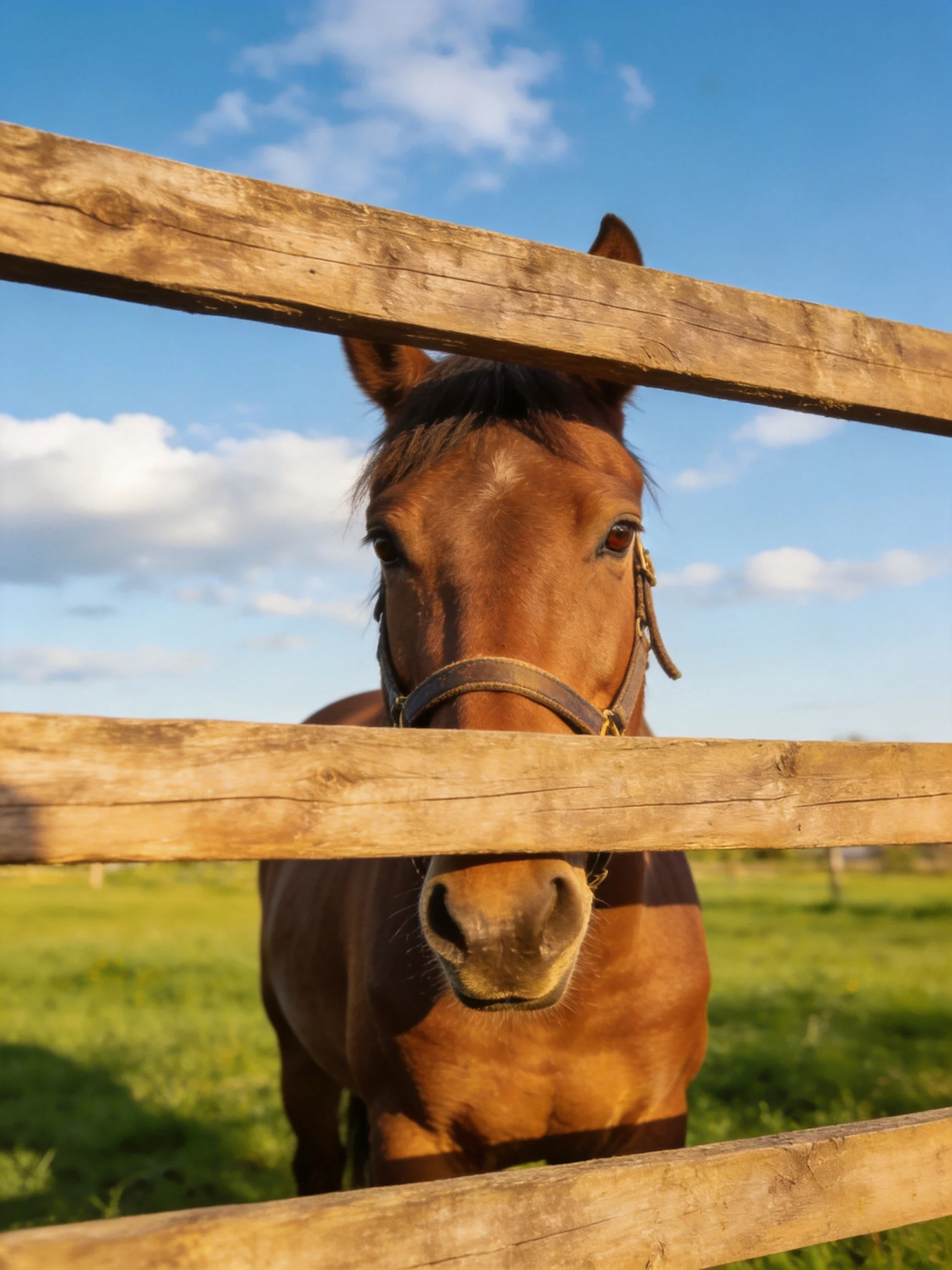 A chestnut horse peers through weathered wooden fence beneath bright blue sky