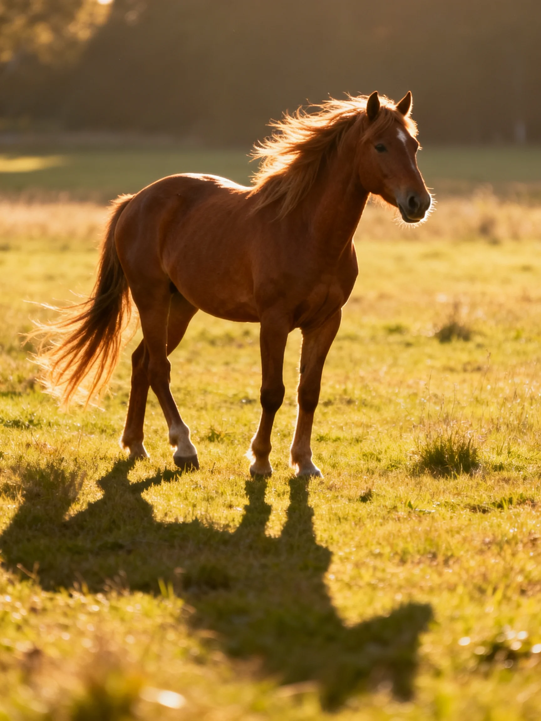 A chestnut horse prances in a sun-drenched grassy field