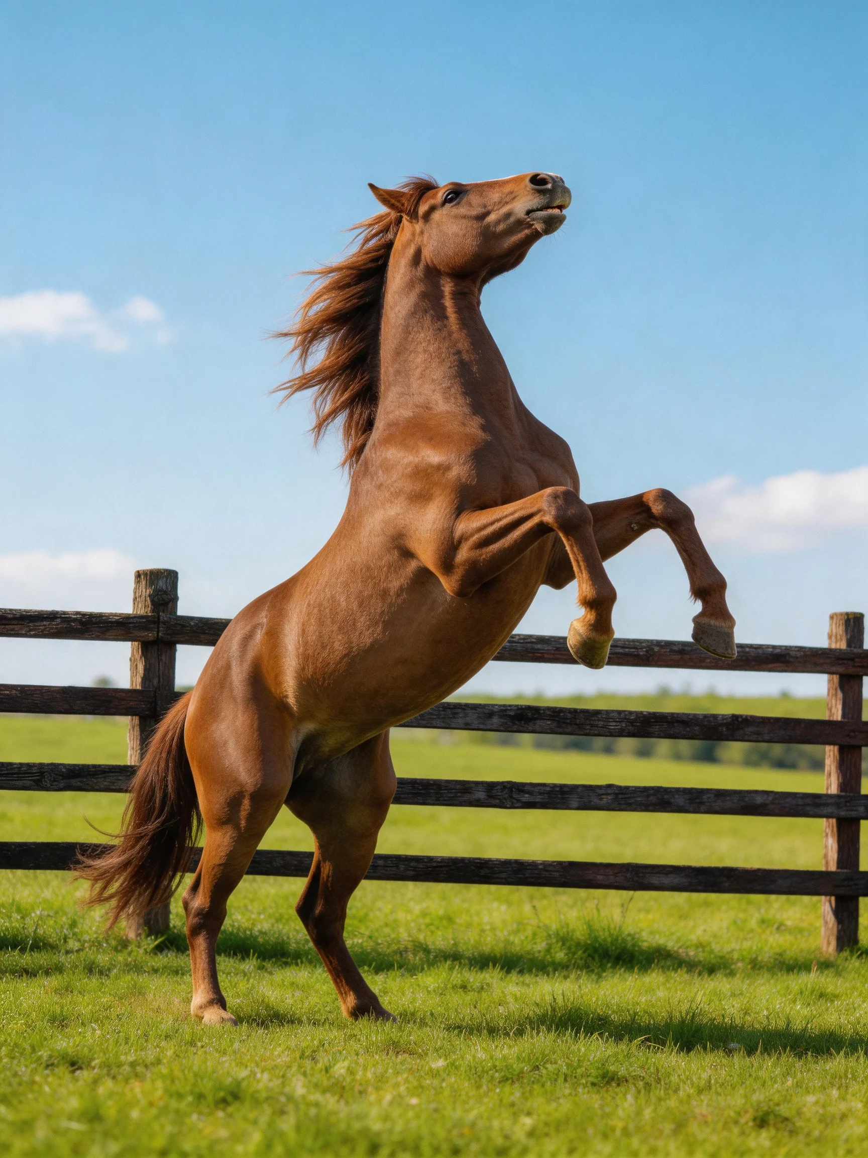 A chestnut horse rears high in a sunny pasture