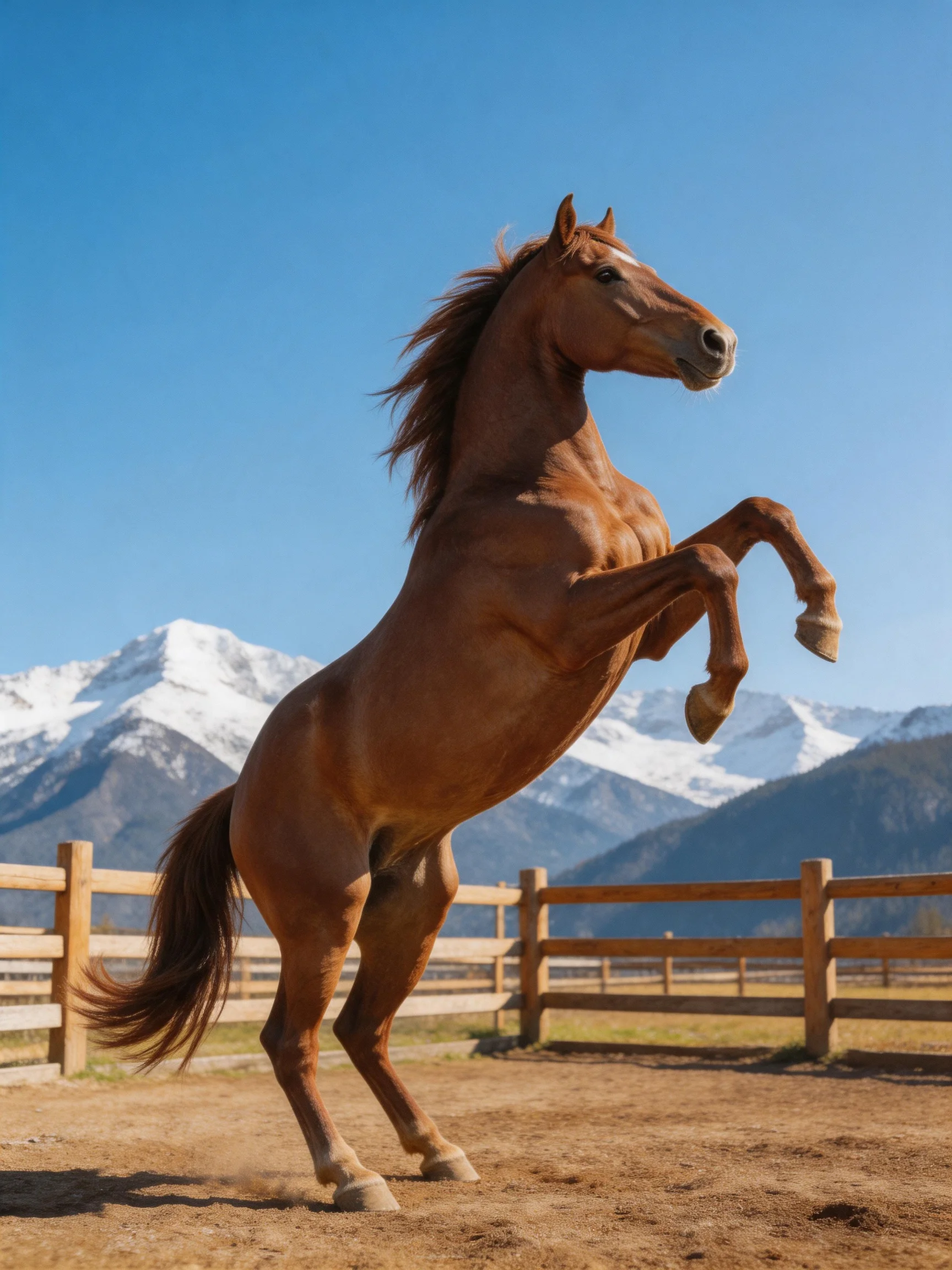 A chestnut horse rears in a fenced arena with snow-capped mountains